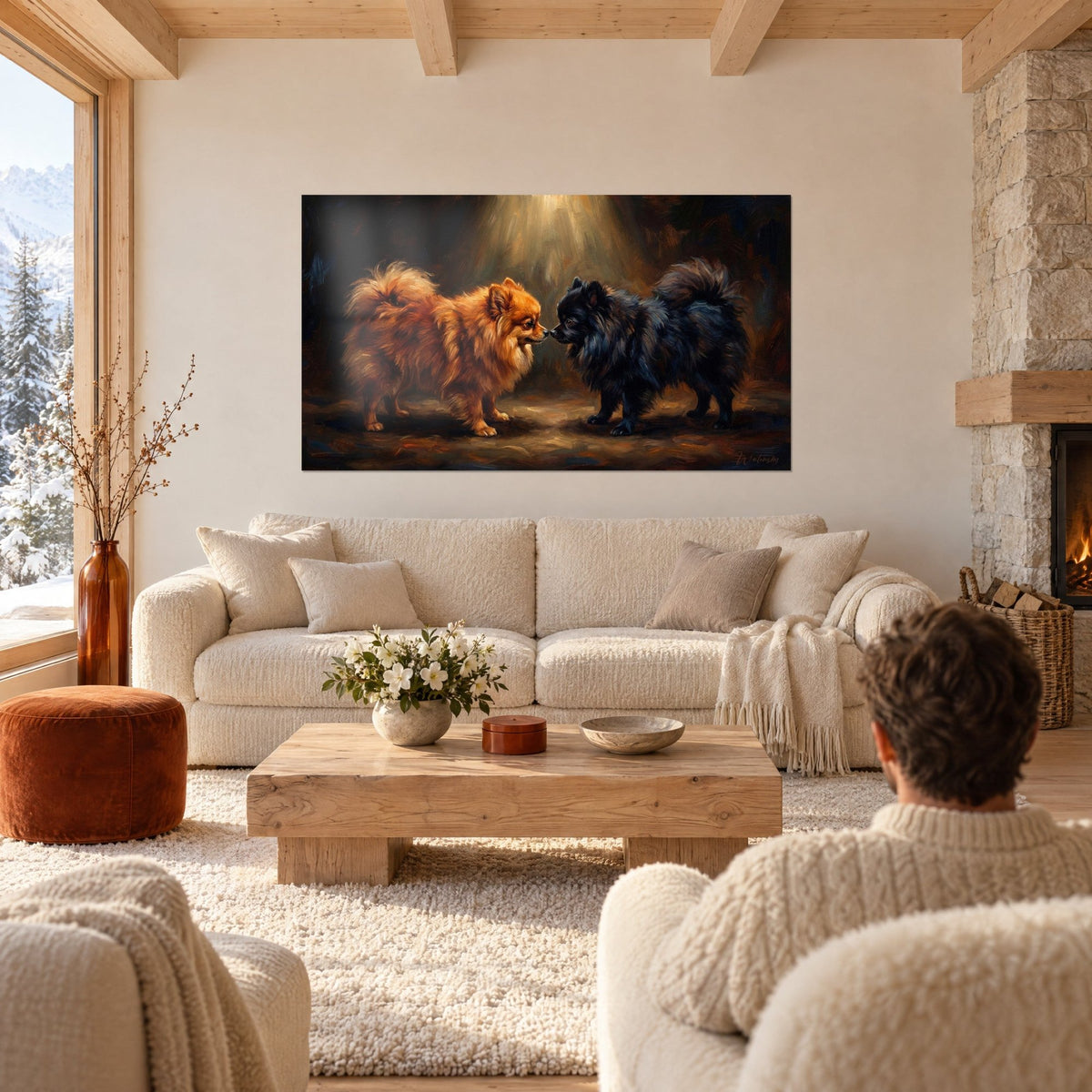 Gemälde zwei kleine rotbraune und schwarze Hunde Schnauze an Schnauze im goldenen Sonnenlicht, über einem Sofa in einem hellen Wohnzimmer