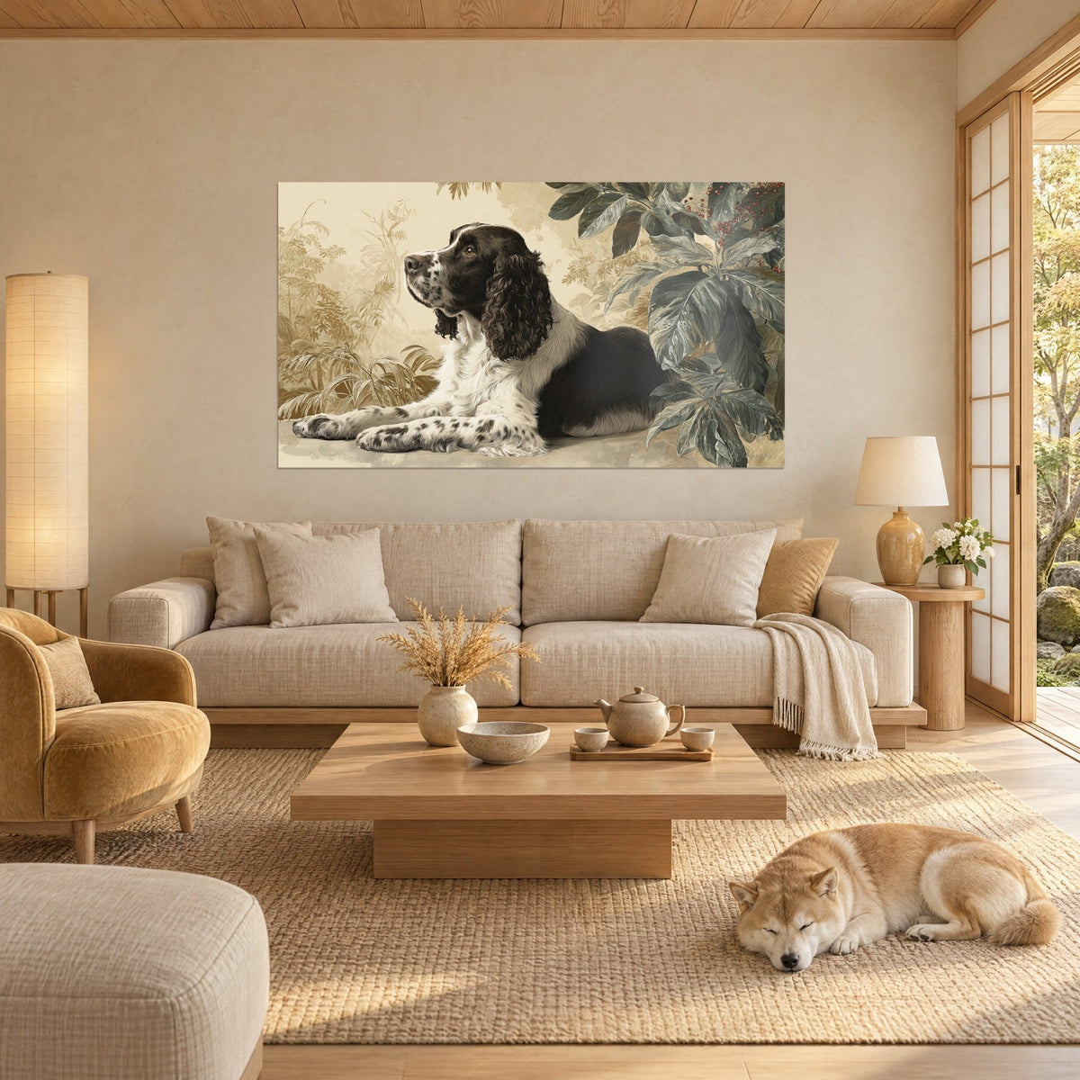 Quadro cocker spaniel bianco e nero sdraiato tra foglie verde salvia, sfondo seppia dorato, sopra un divano in un soggiorno luminoso