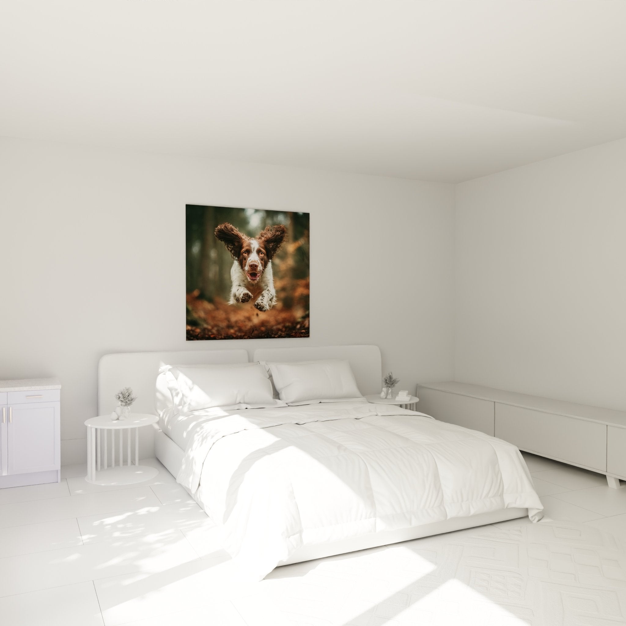 Tableau Springer Anglais sautant dans chambre decoration murale chien joyeux ambiance chaleureuse