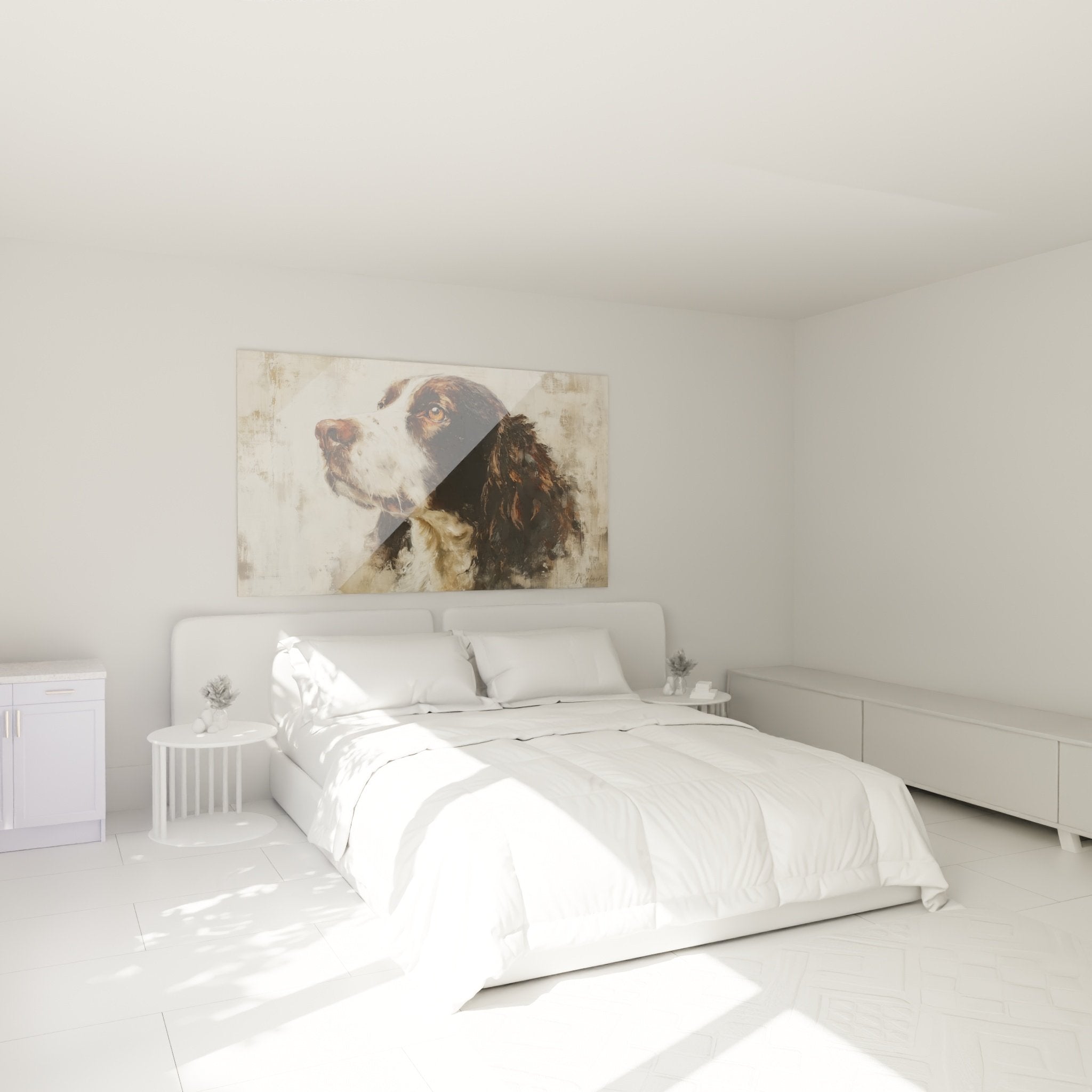 Tableau Springer Anglais déco chambre mur beige ambiance chaleureuse portrait chien expressif