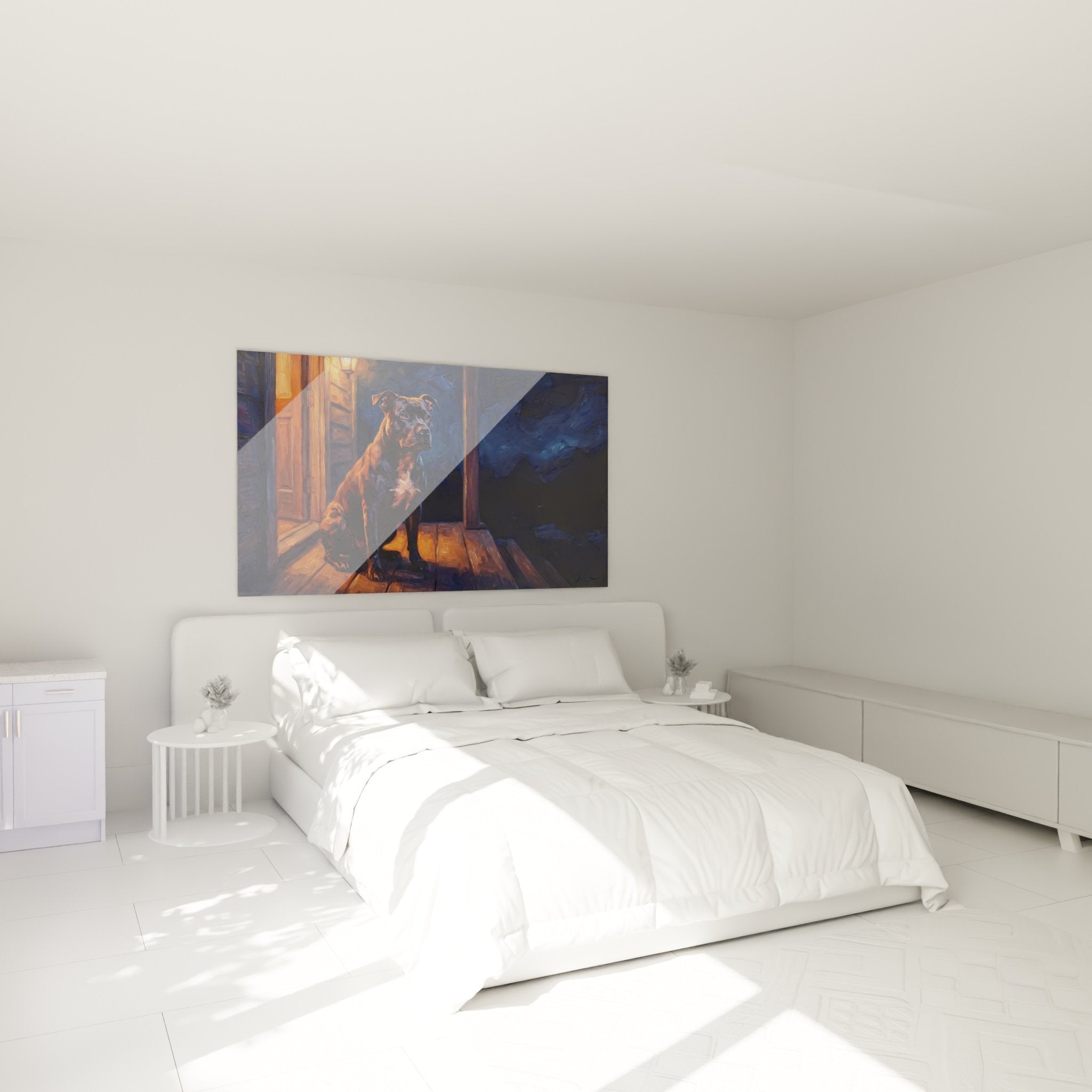 Staffordshire Bull Terrier Gemälde Schlafzimmer Wanddekoration warmes Licht gemütliche Atmosphäre