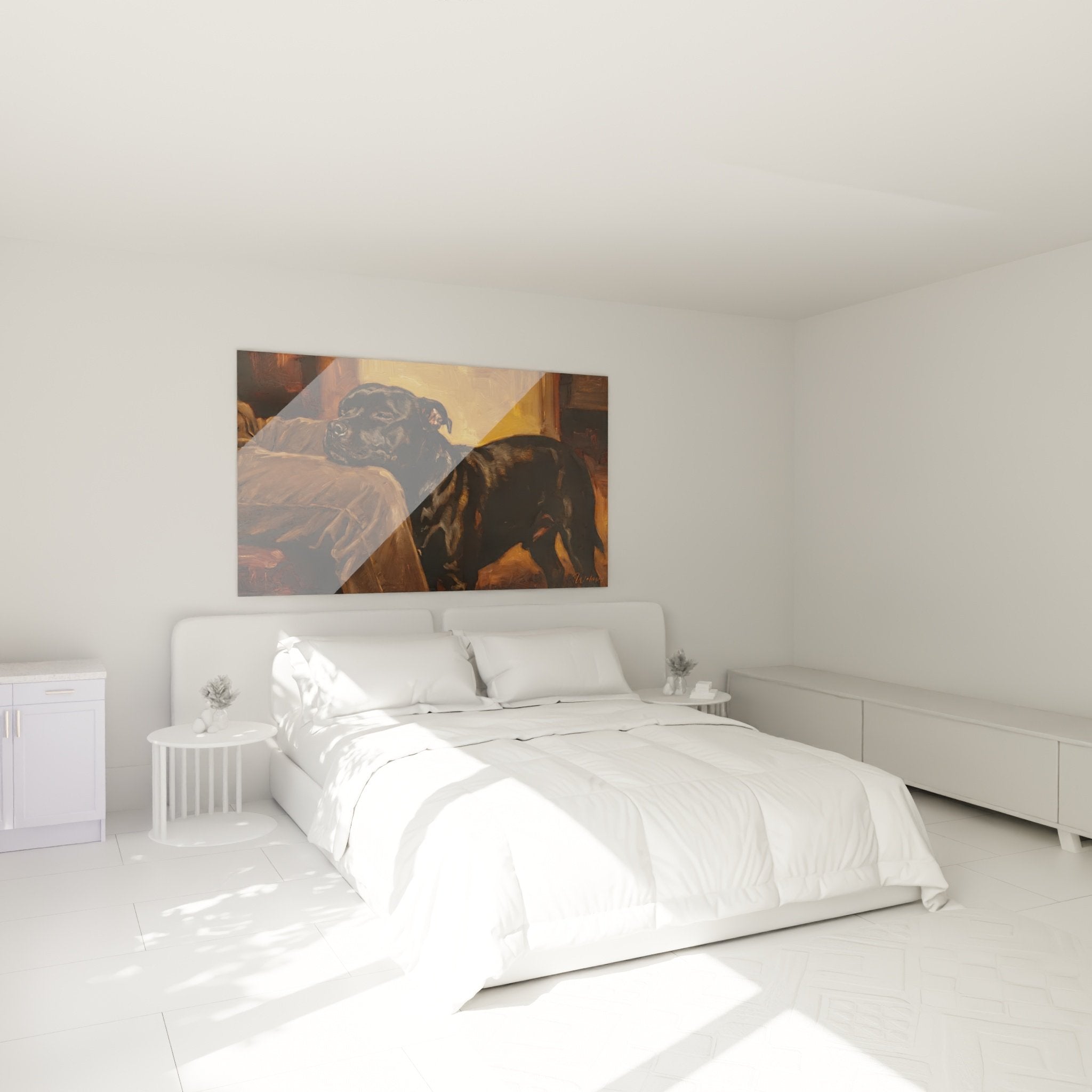 Wanddekoration Schlafzimmer mit Porträt eines schwarzen Staffordshire Bull Terriers, der auf einem Sofa ruht, gemütliche Atmosphäre