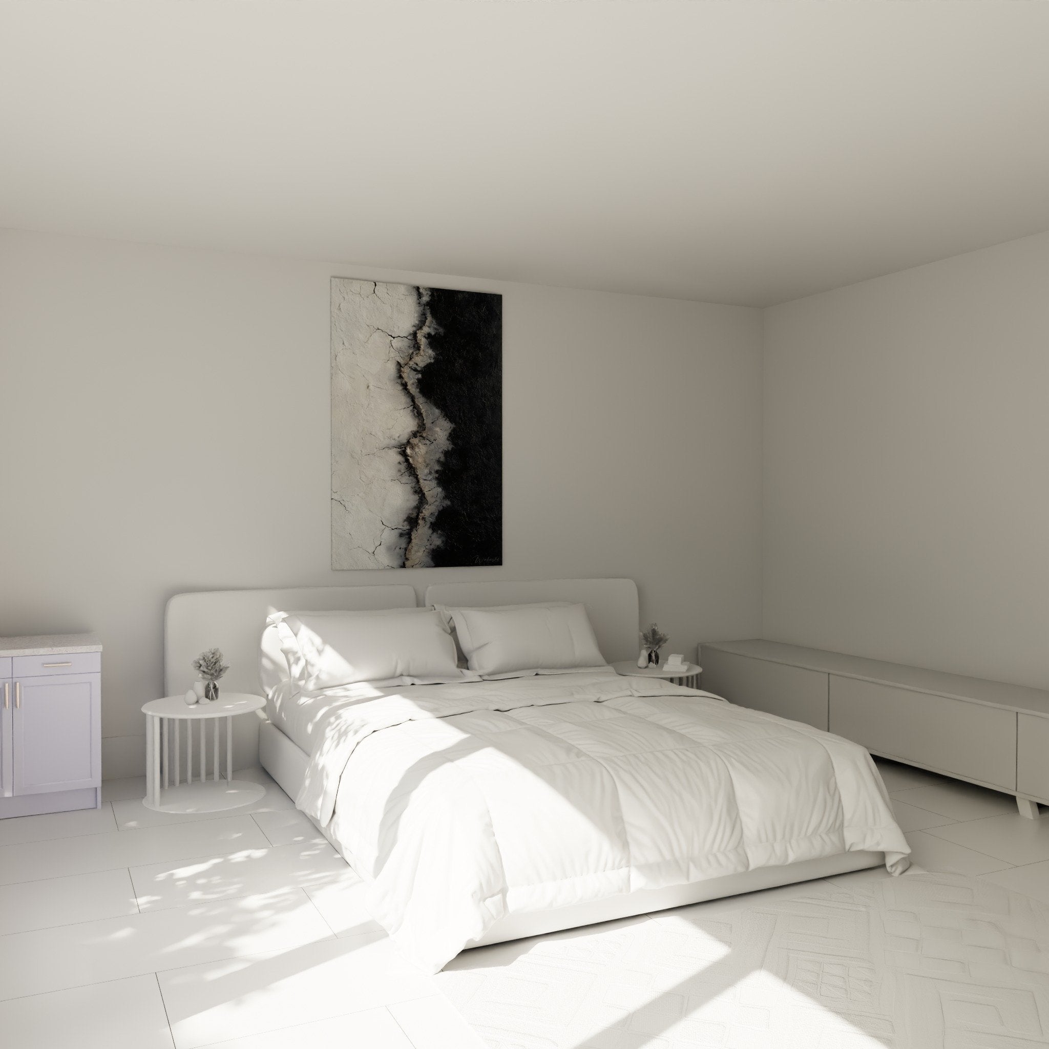 Deco chambre tableau abstrait blanc noir craquele ambiance zen feng shui metal
