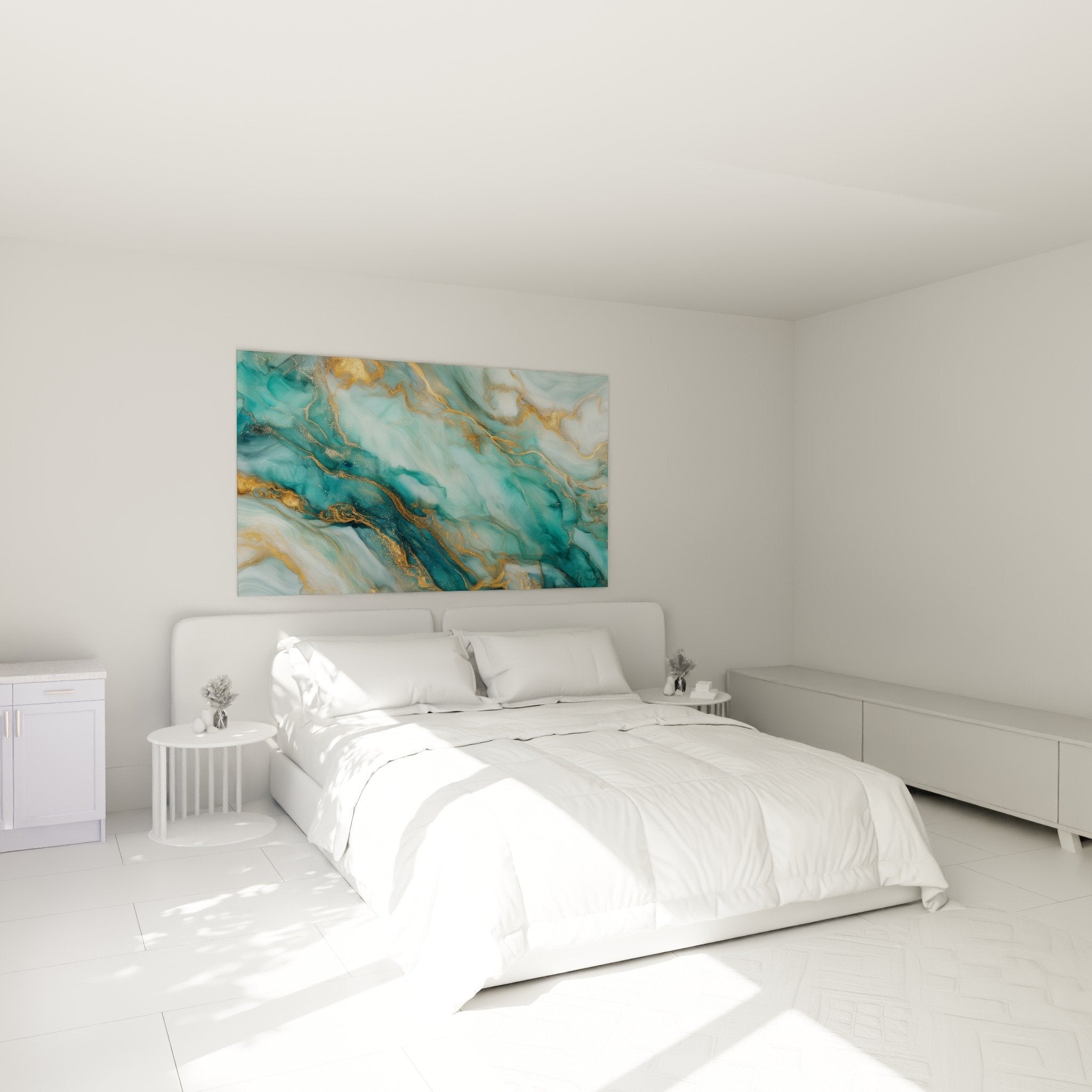tableau abstrait bleu turquoise et or dans chambre moderne mur blanc decoration apaisante