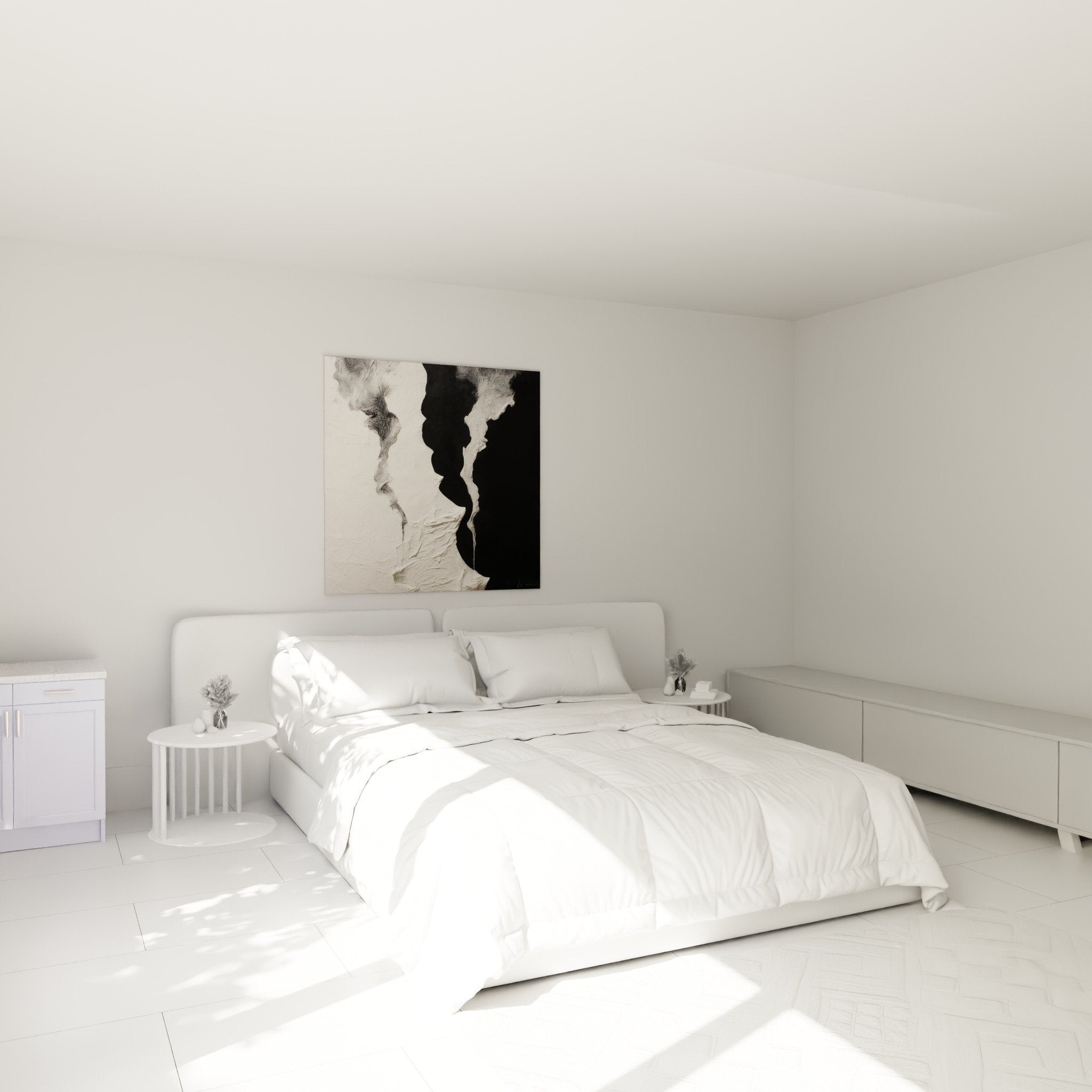 Deco chambre avec tableau abstrait noir blanc aux contrastes harmonieux style contemporain