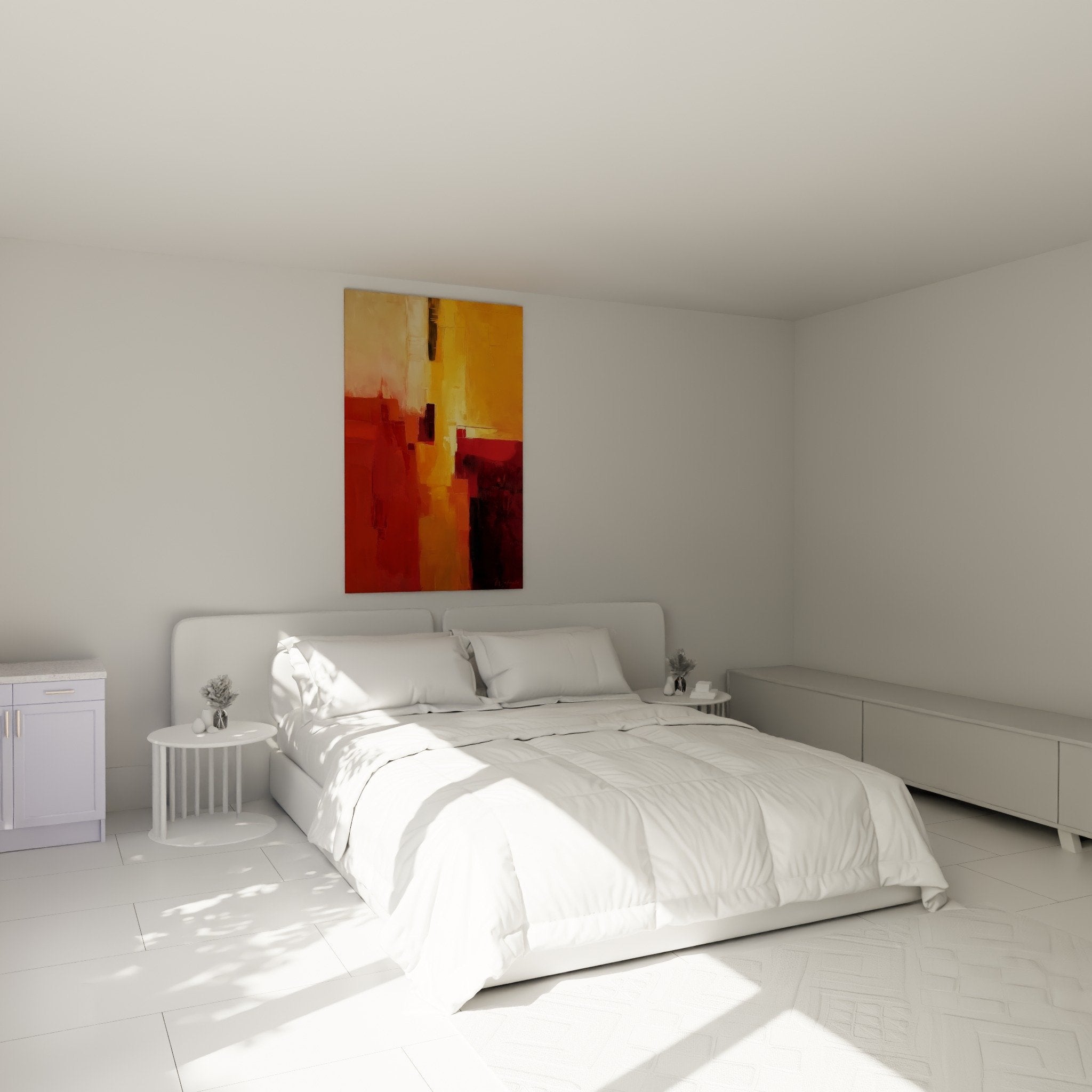 Tableau abstrait rouge orange installe dans chambre moderne mur blanc decoration murale chaleureuse