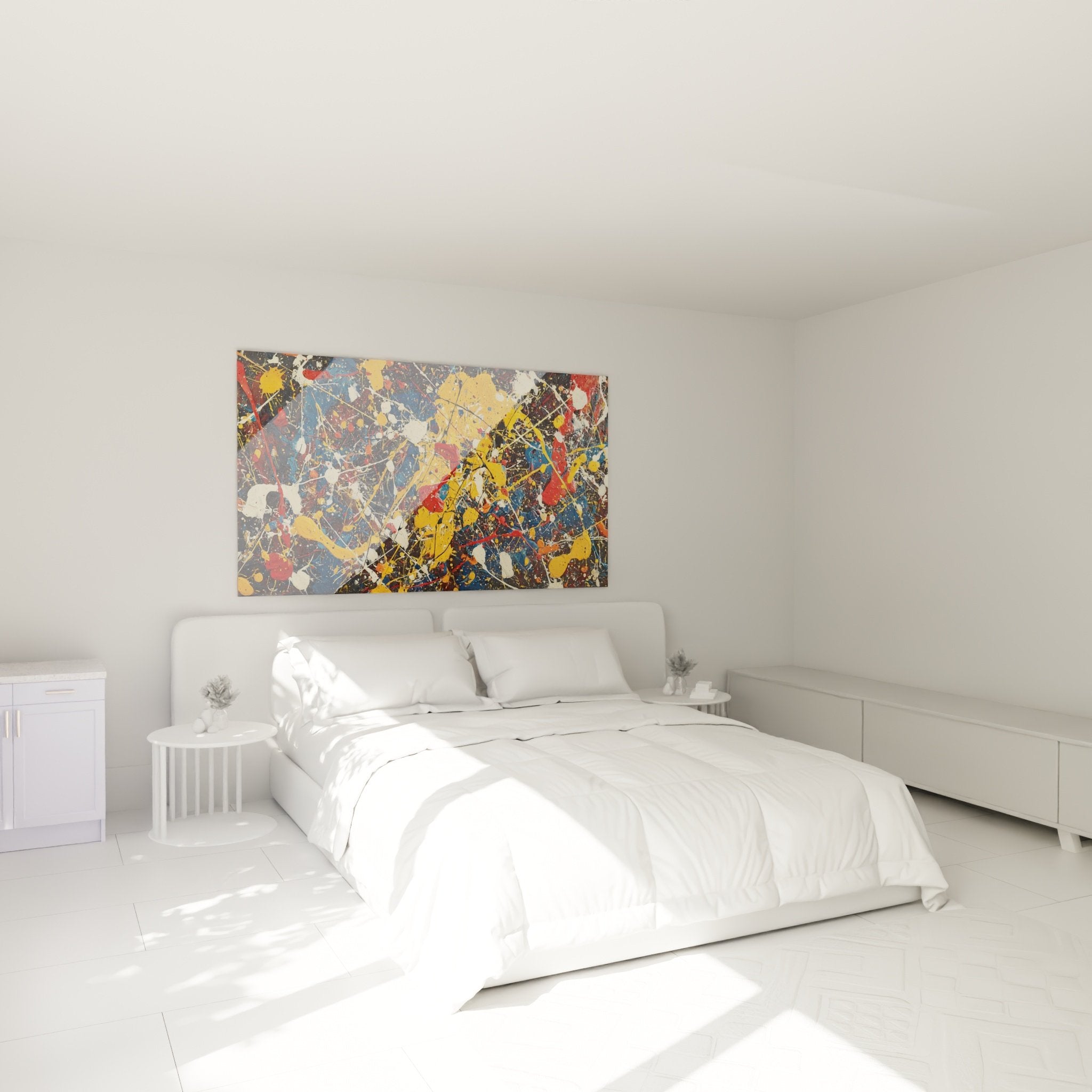 decoration chambre tableau abstrait couleurs vives eclaboussures jaune bleu rouge ambiance energique