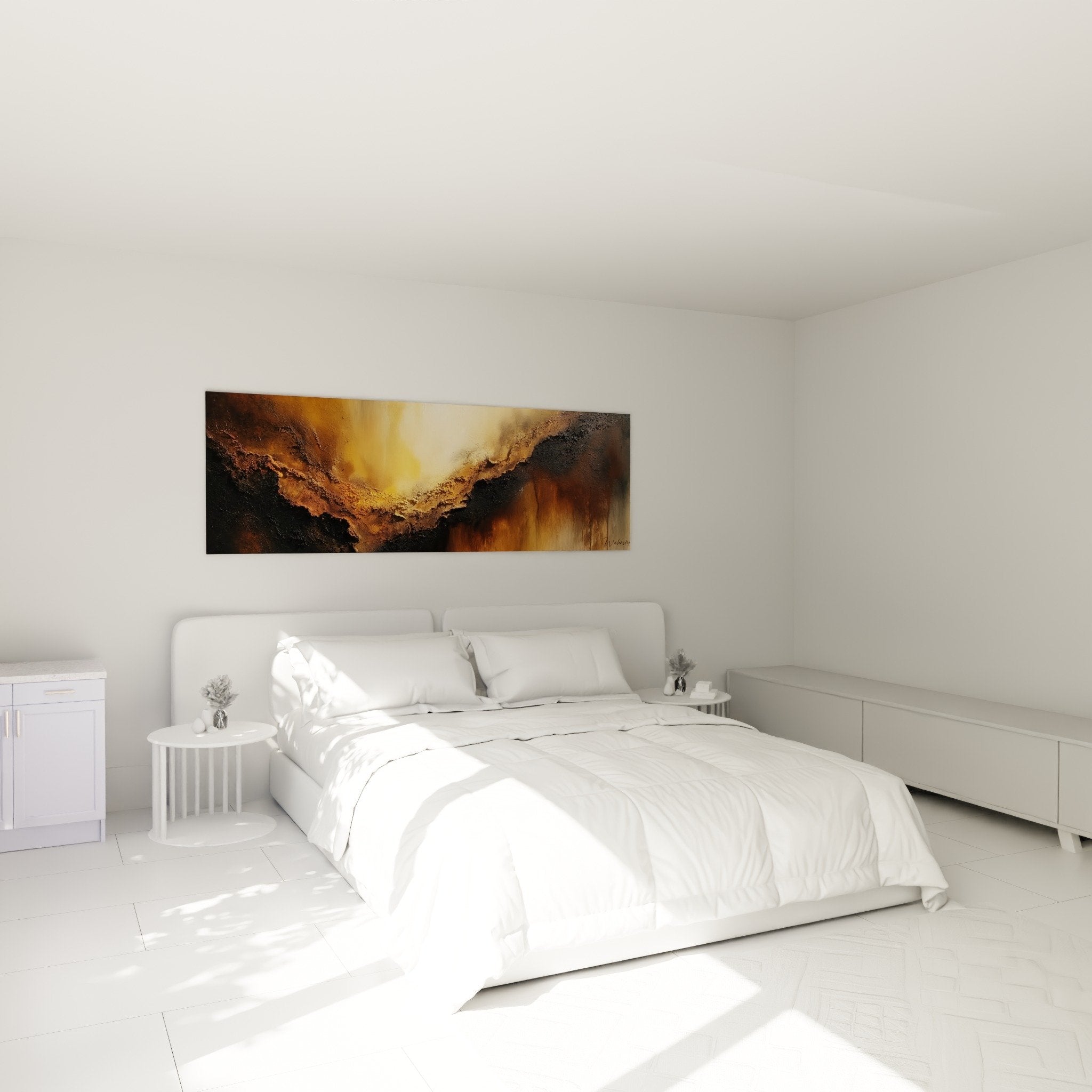 Œuvre abstraite dorée et noire dans chambre moderne - Décoration murale feng shui apaisante