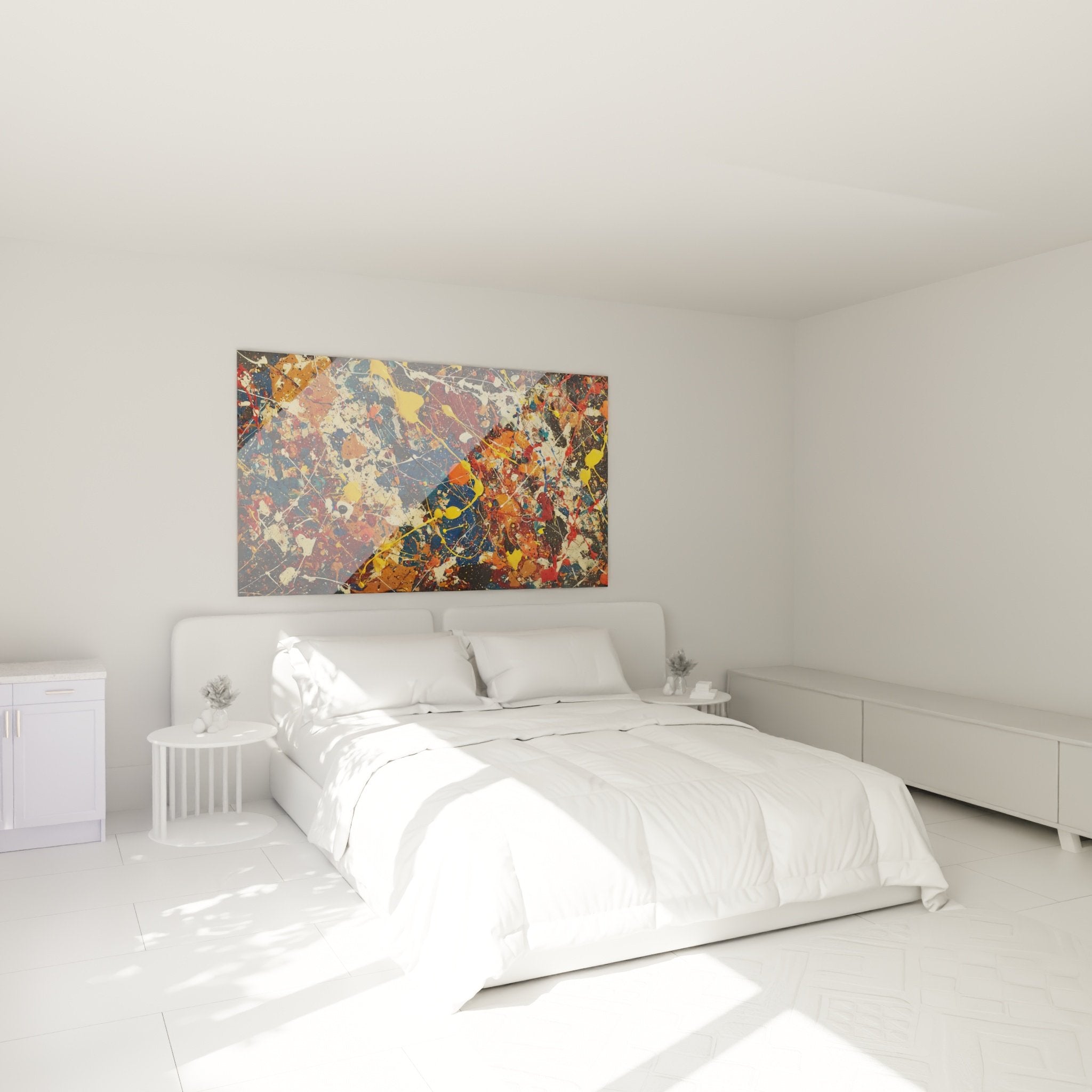 modern bedroom decor abstract painting multicolored splashes blue red yellow