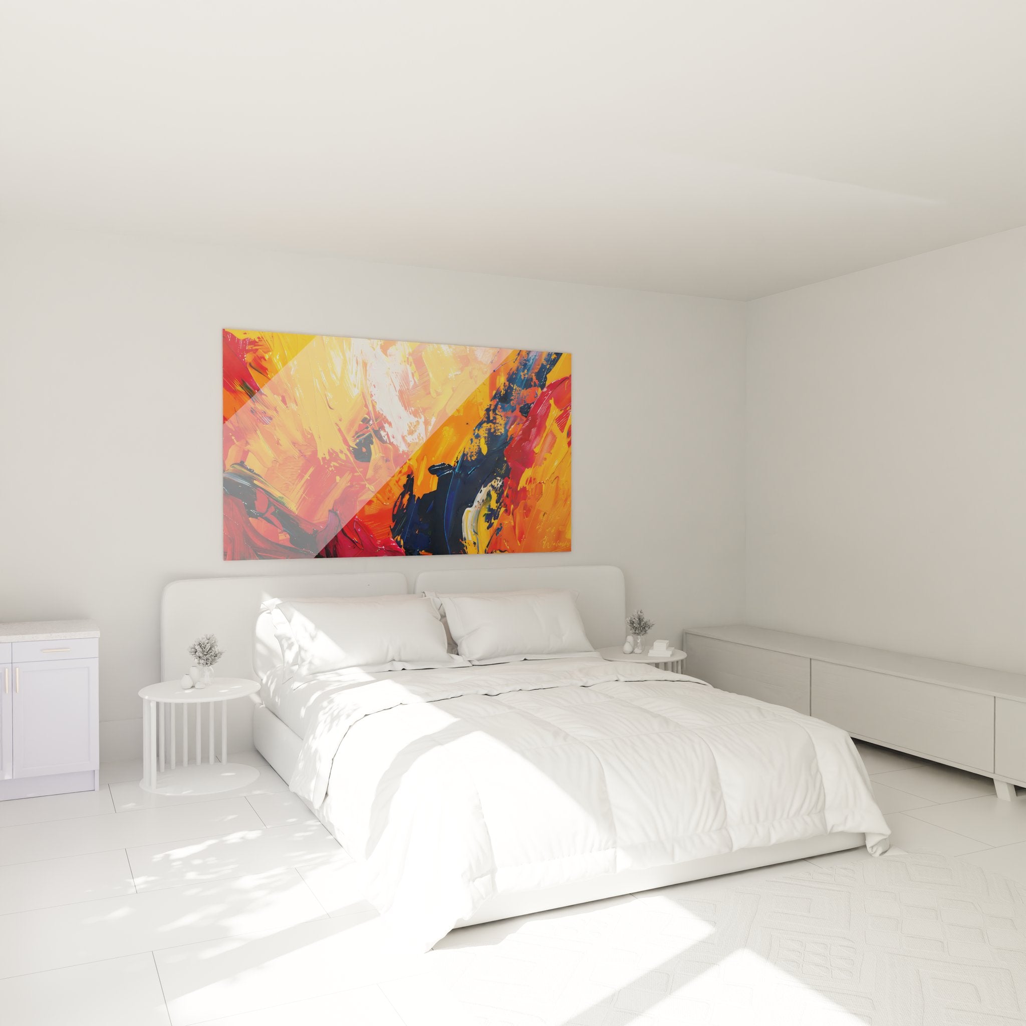 Décoration chambre tableau abstrait explosion couleurs ambiance chaleureuse moderne