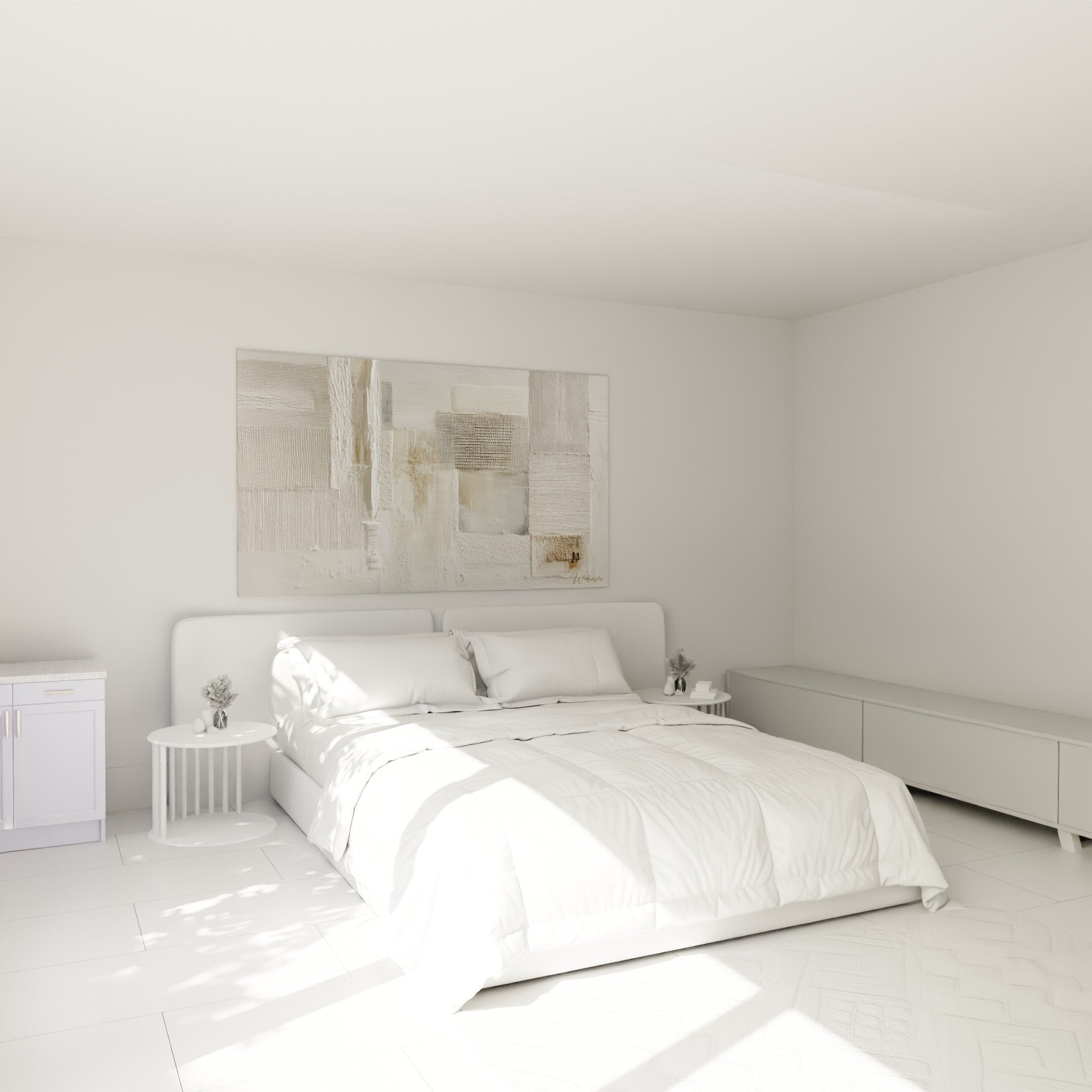 decoration chambre tableau abstrait blanc beige textures feng shui nord ouest metal ambiance zen