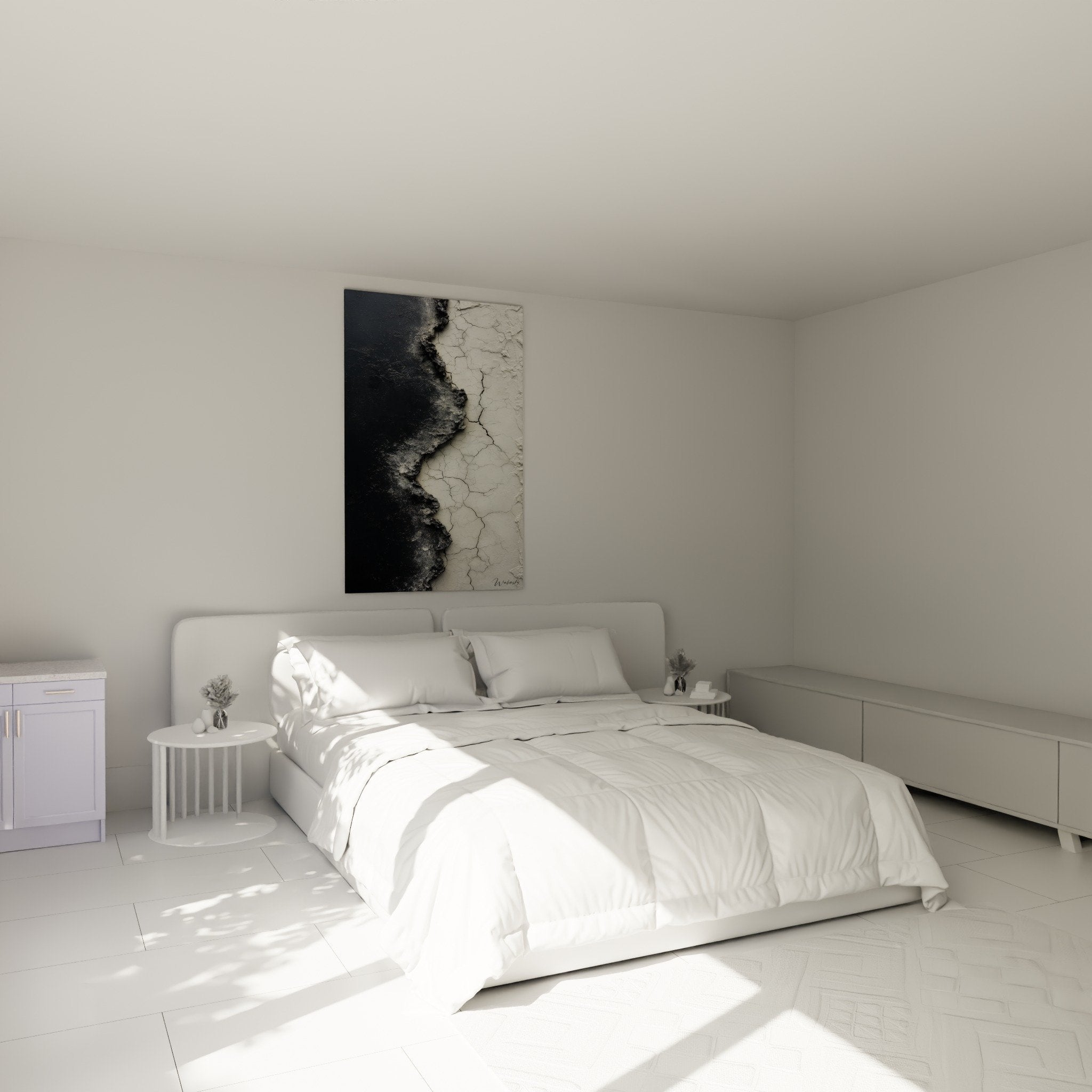 Decoration chambre moderne avec tableau abstrait textures craqueles noir blanc, ambiance feng shui metal