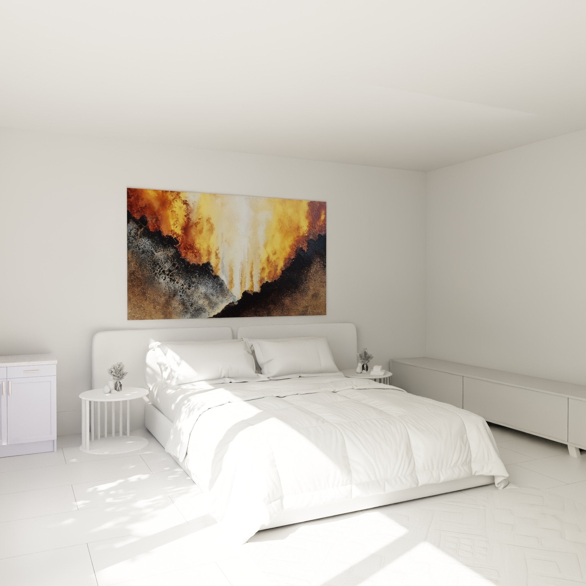 Schlafzimmer-Dekoration mit abstraktem Gemälde goldfarbene Flammen und dunkle Felsen - Warme moderne Atmosphäre