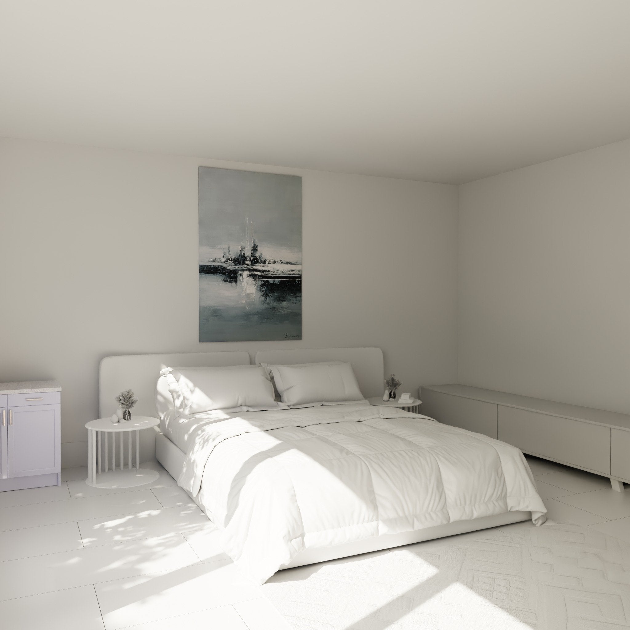 Abstract gray tones artwork in modern bedroom, zen and contemporary atmosphere, soothing wall decoration