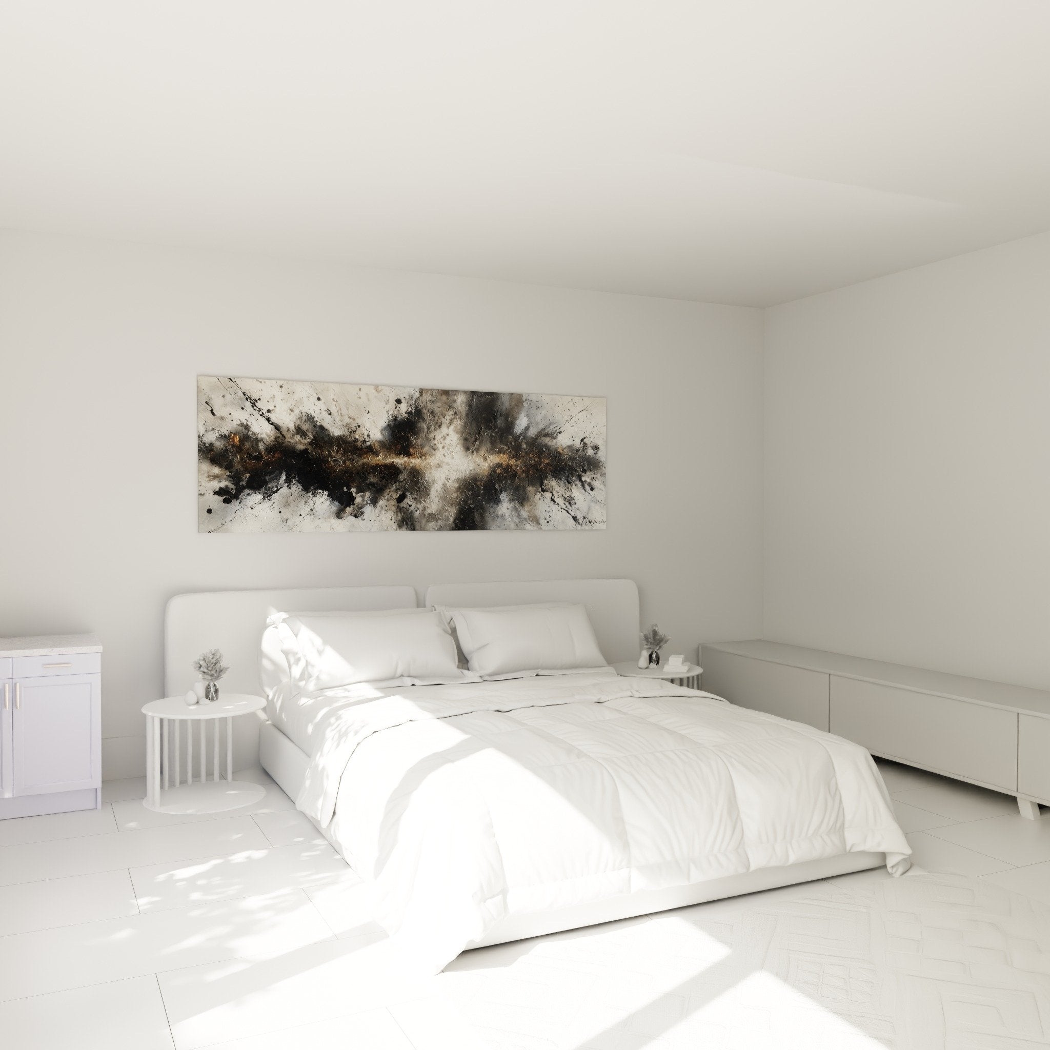 Decoration murale abstraite gris dore dans chambre moderne ambiance metallique feng shui
