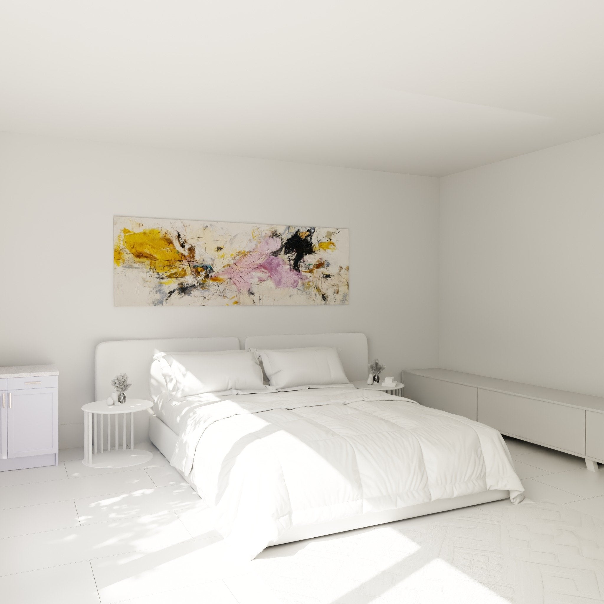 Decoration murale abstraite jaune violet dans chambre moderne - ambiance artistique feng shui