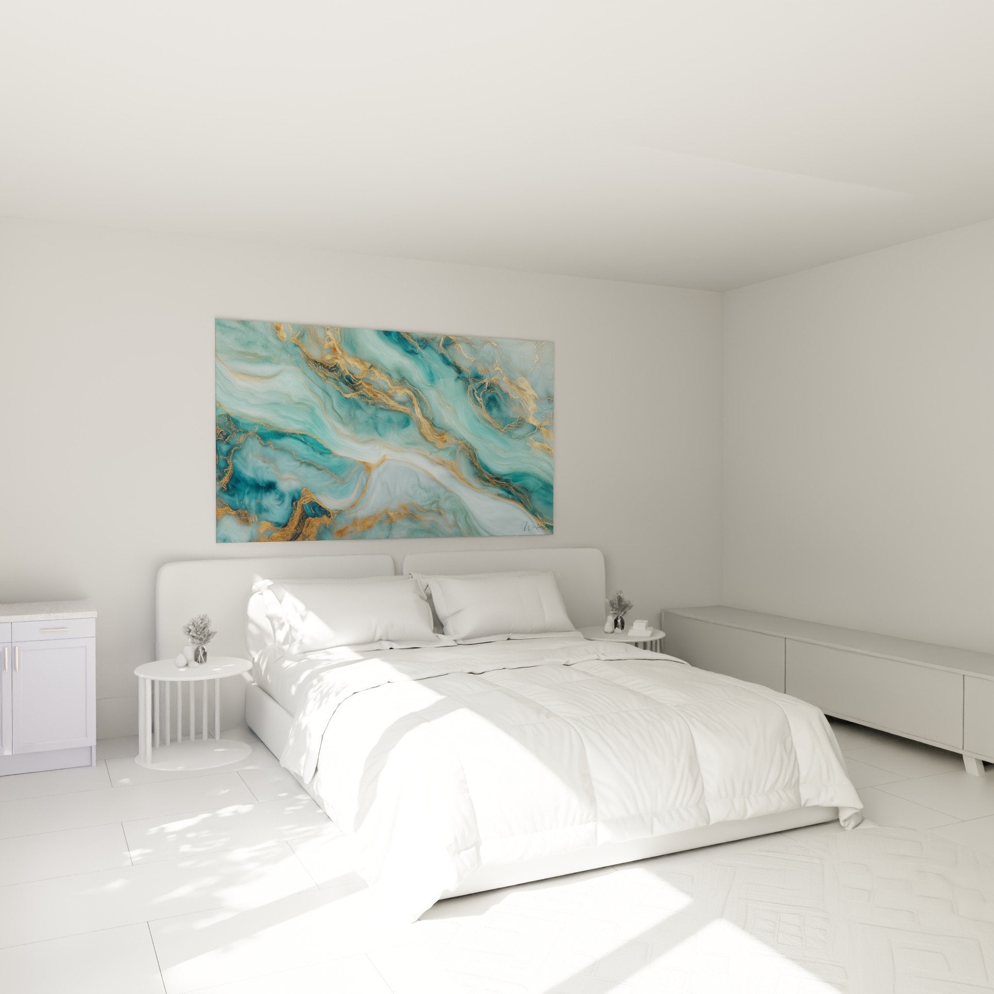 Decoration chambre avec tableau abstrait marbre bleu turquoise et or au dessus du lit