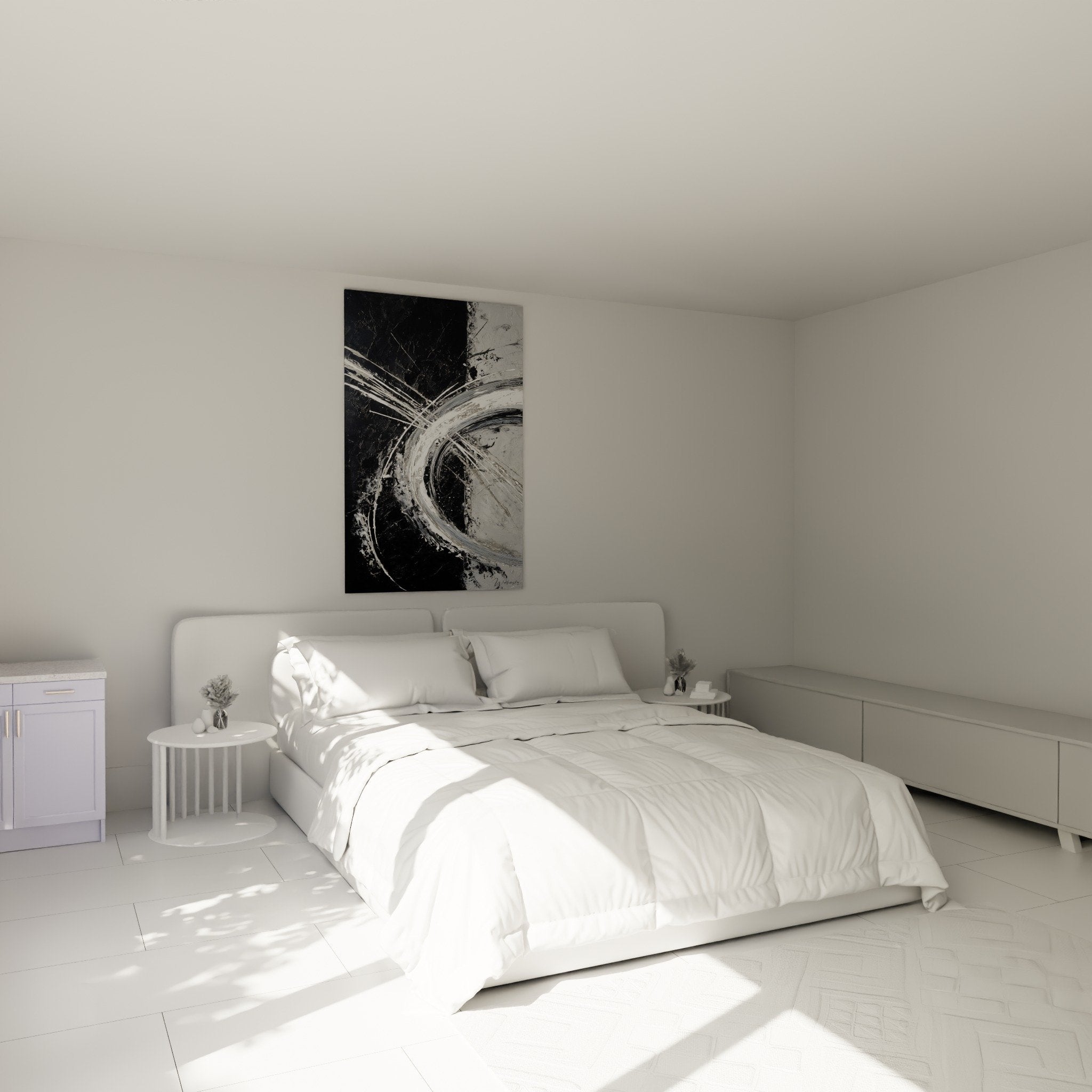 Deco chambre moderne tableau abstrait noir blanc cercles entrelaces ambiance contemporaine minimaliste