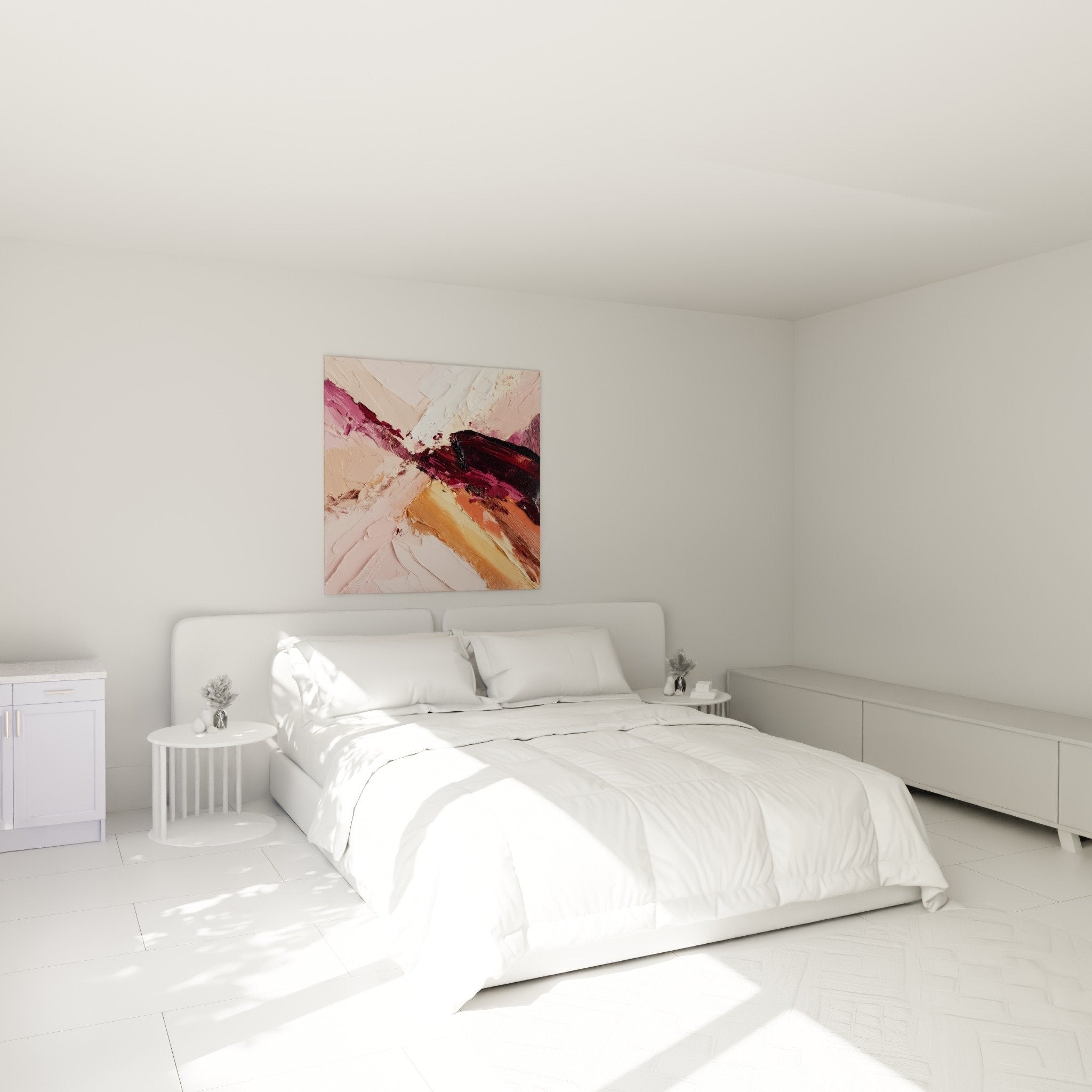 Bedroom decoration with abstract wall art in pink and purple shades - Southwest feng shui ambiance