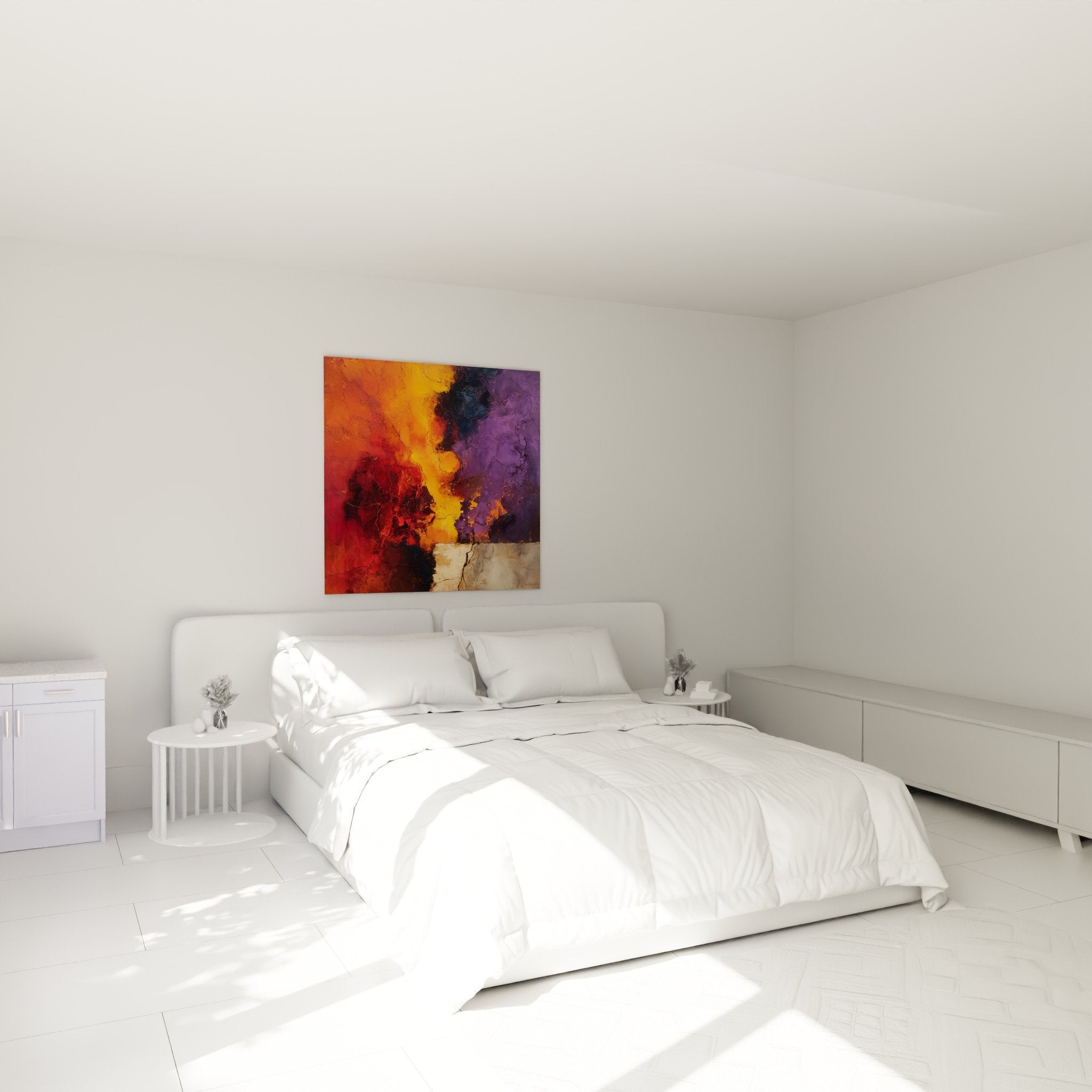 Décoration chambre moderne avec tableau abstrait orange violet texture craquelée ambiance chaleureuse