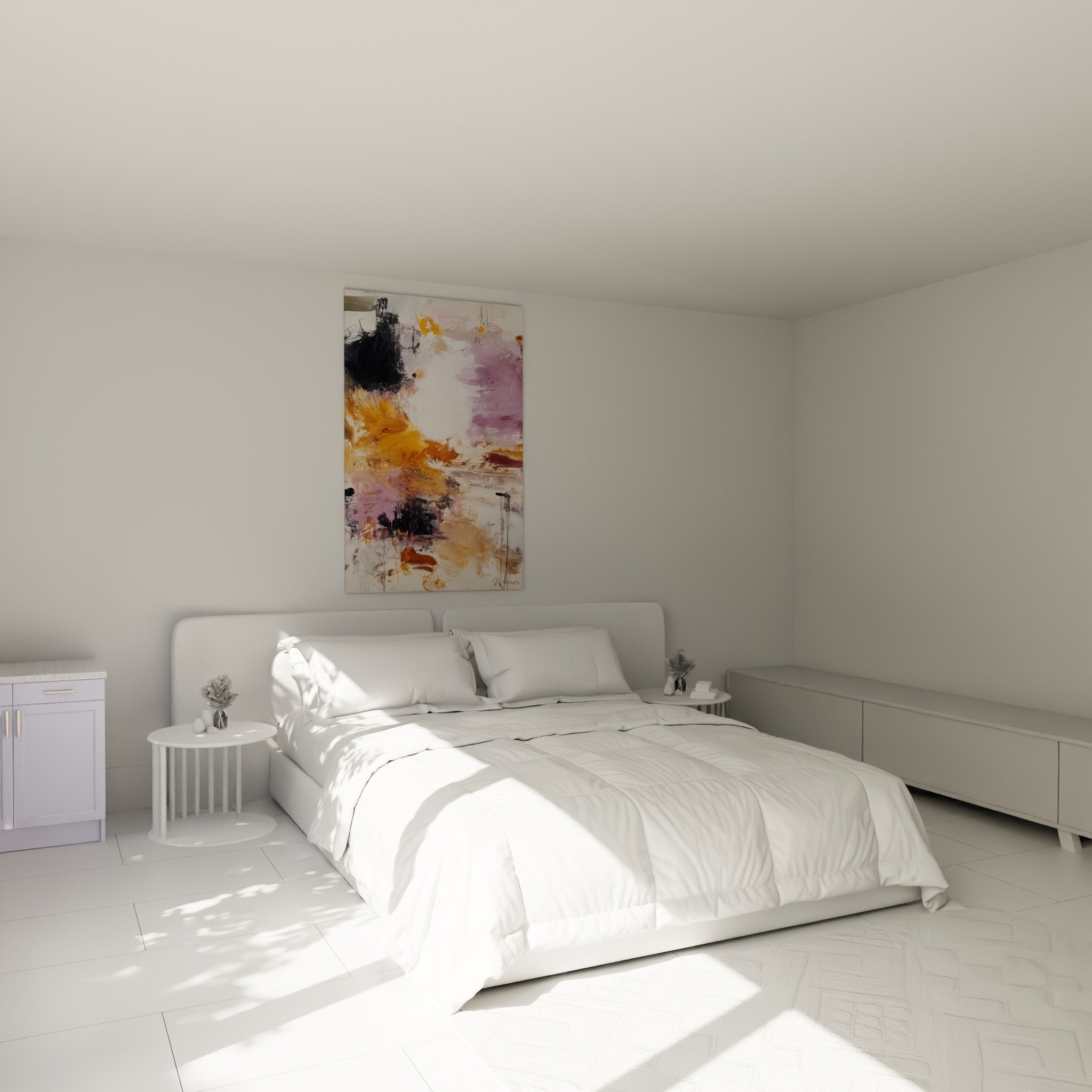Tableau abstrait rose et ocre dans chambre moderne - ambiance feng shui apaisante