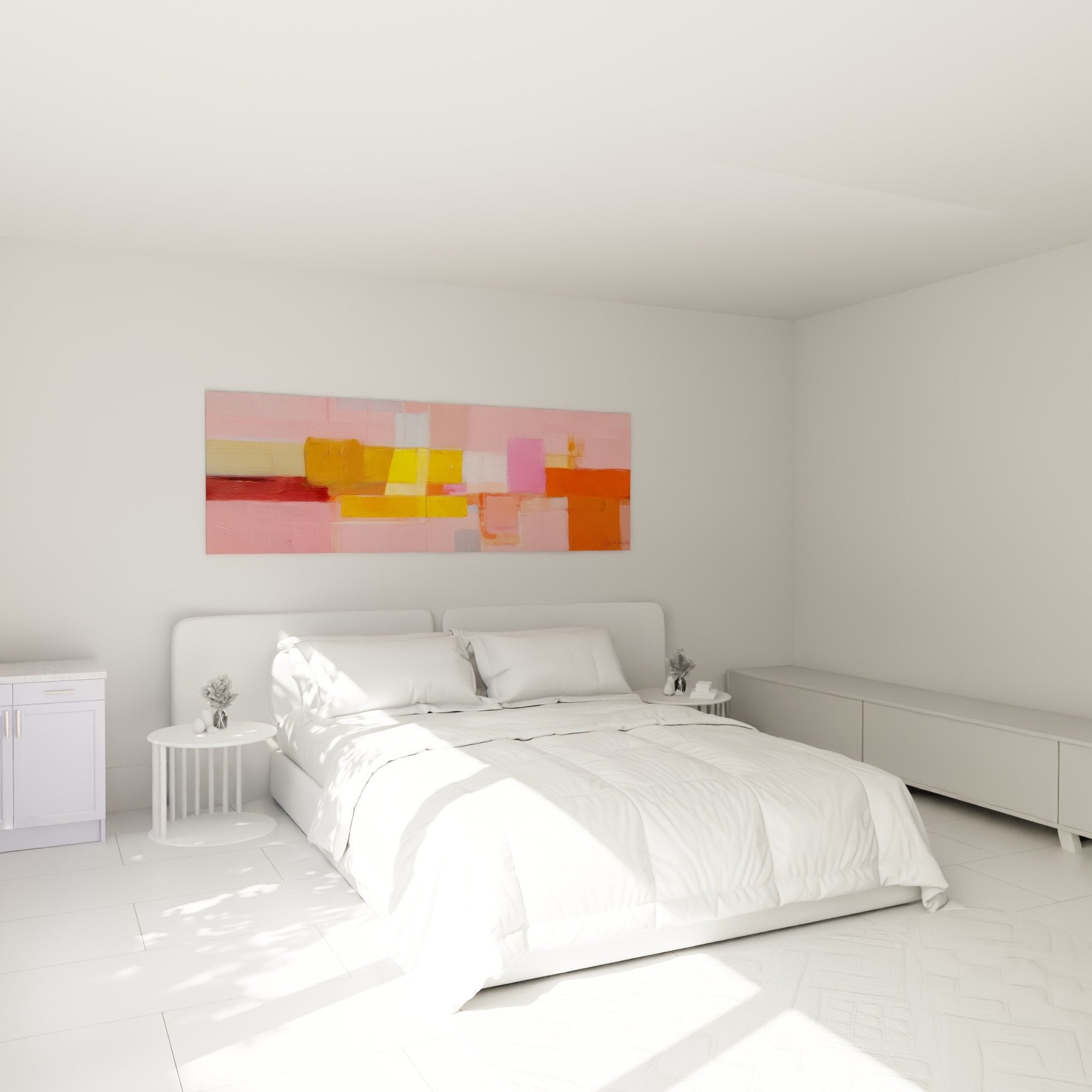 Decoration chambre avec tableau abstrait rose orange geometric feng shui sud-ouest terre