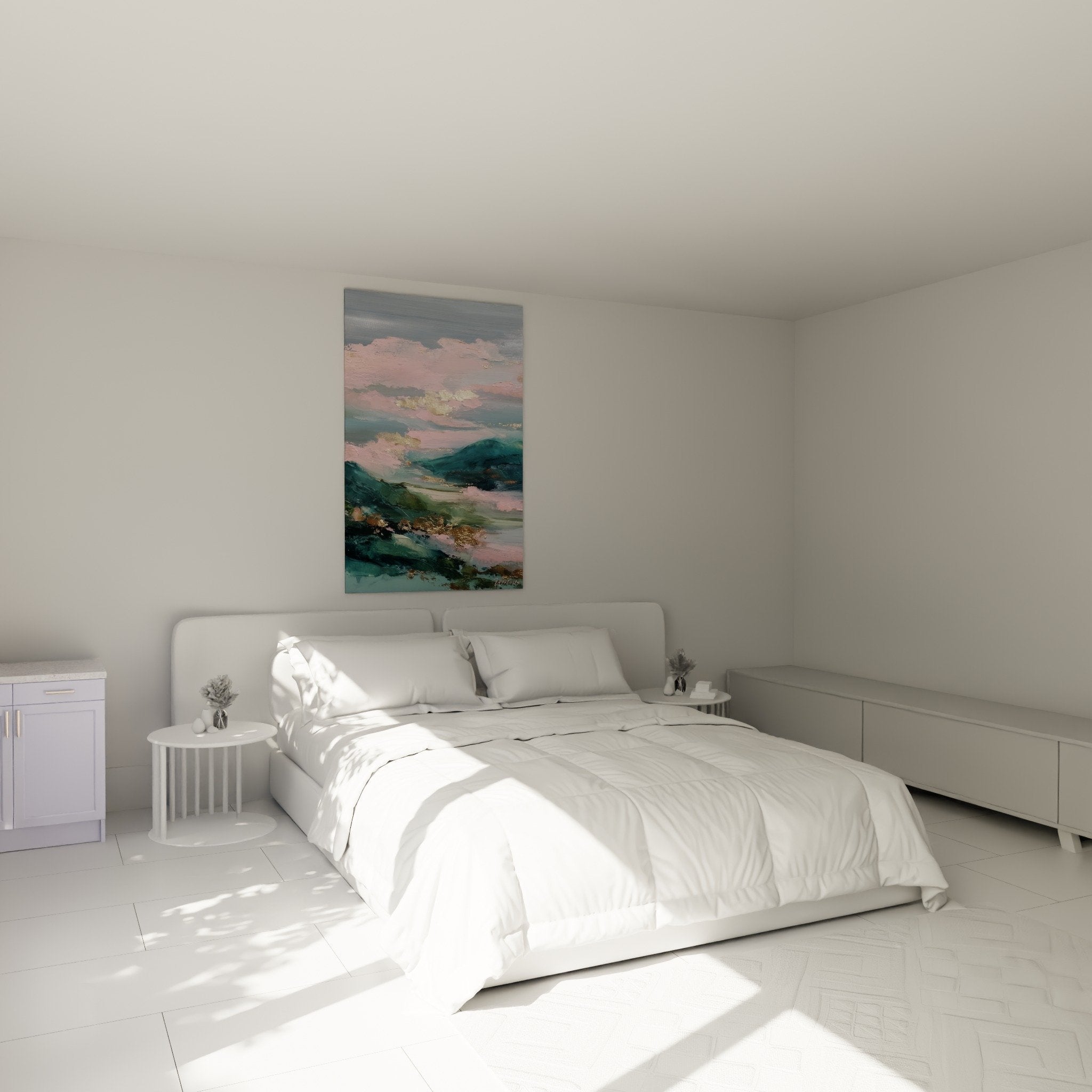 Abstract wall decor pink turquoise in master bedroom zen peaceful atmosphere