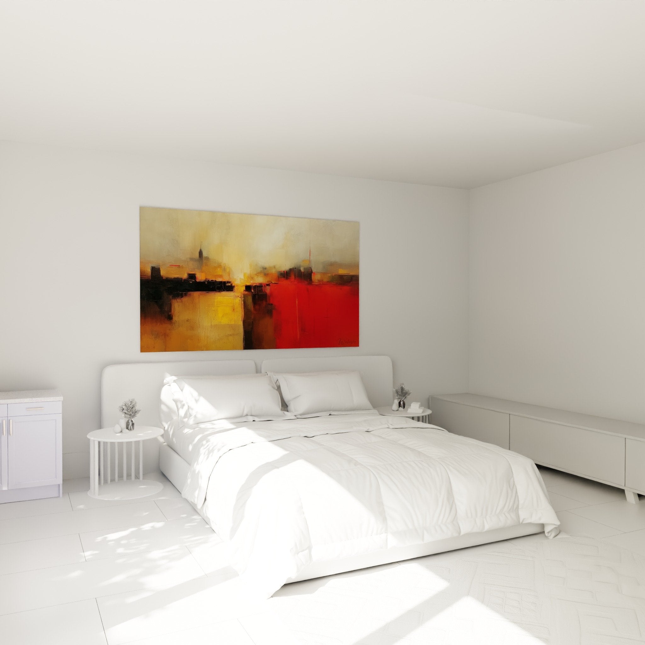 Schlafzimmerdekoraton mit abstrakt Gemälde rot ocker - Feng Shui Süd Feuer moderne Atmosphäre