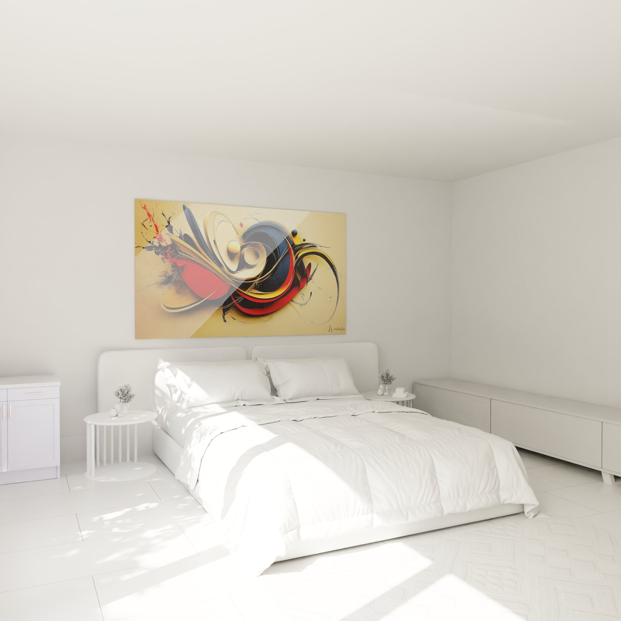 Décoration murale abstraite spirale rouge noir or dans ambiance chambre contemporaine