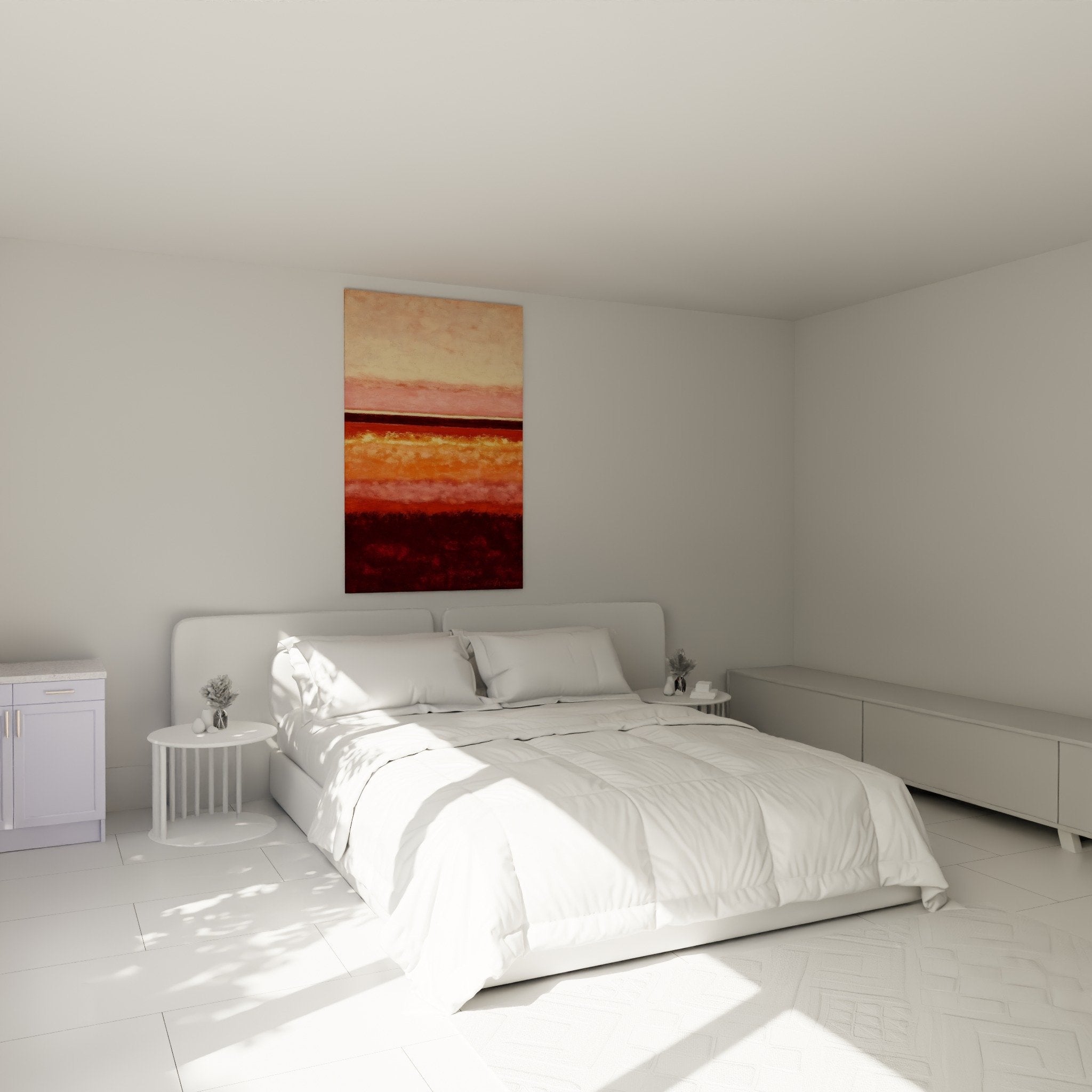 Décoration murale chambre tableau abstrait tons chauds ocre bordeaux ambiance apaisante feng shui