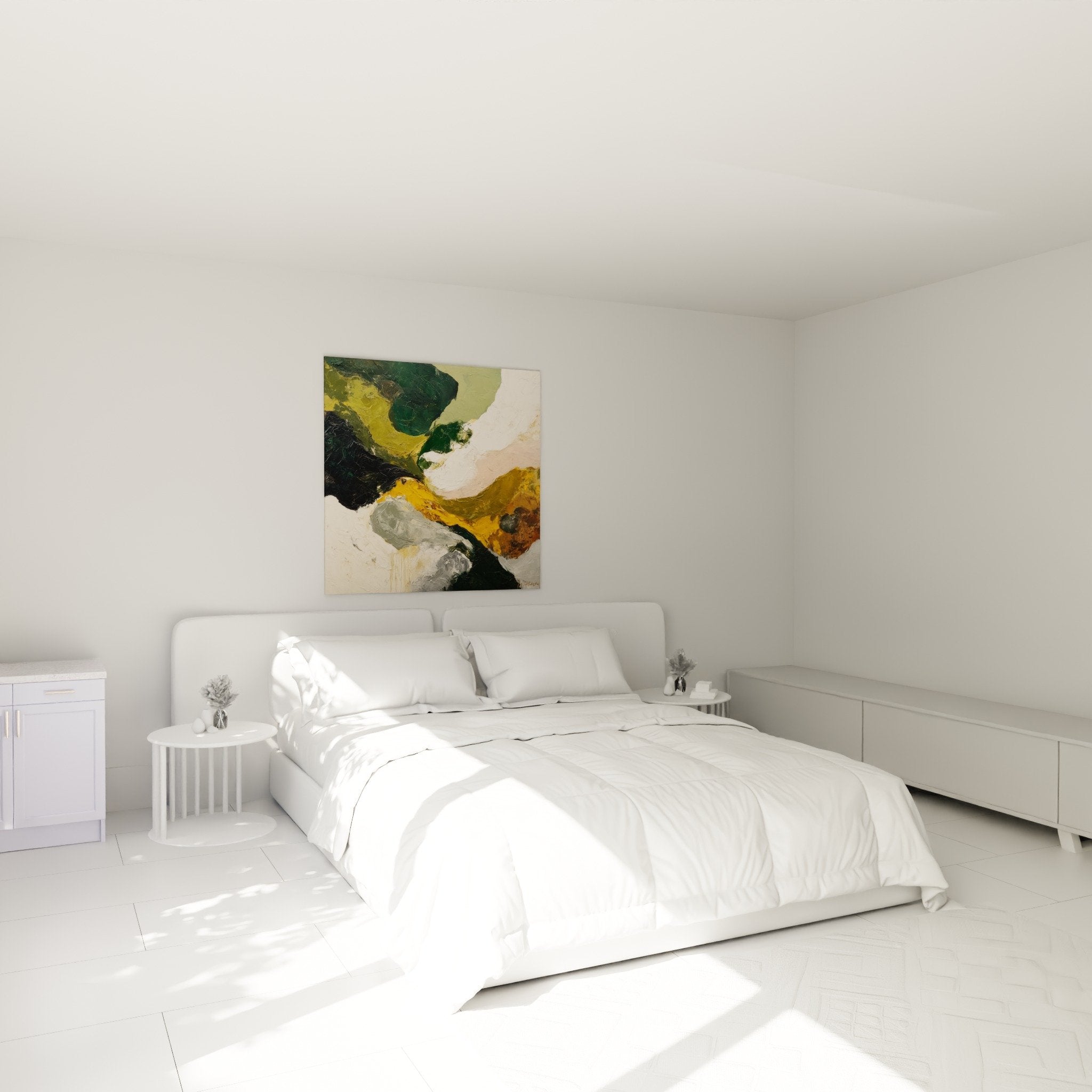 Œuvre abstraite tons terre émeraude accrochée au-dessus lit chambre décoration zen naturelle