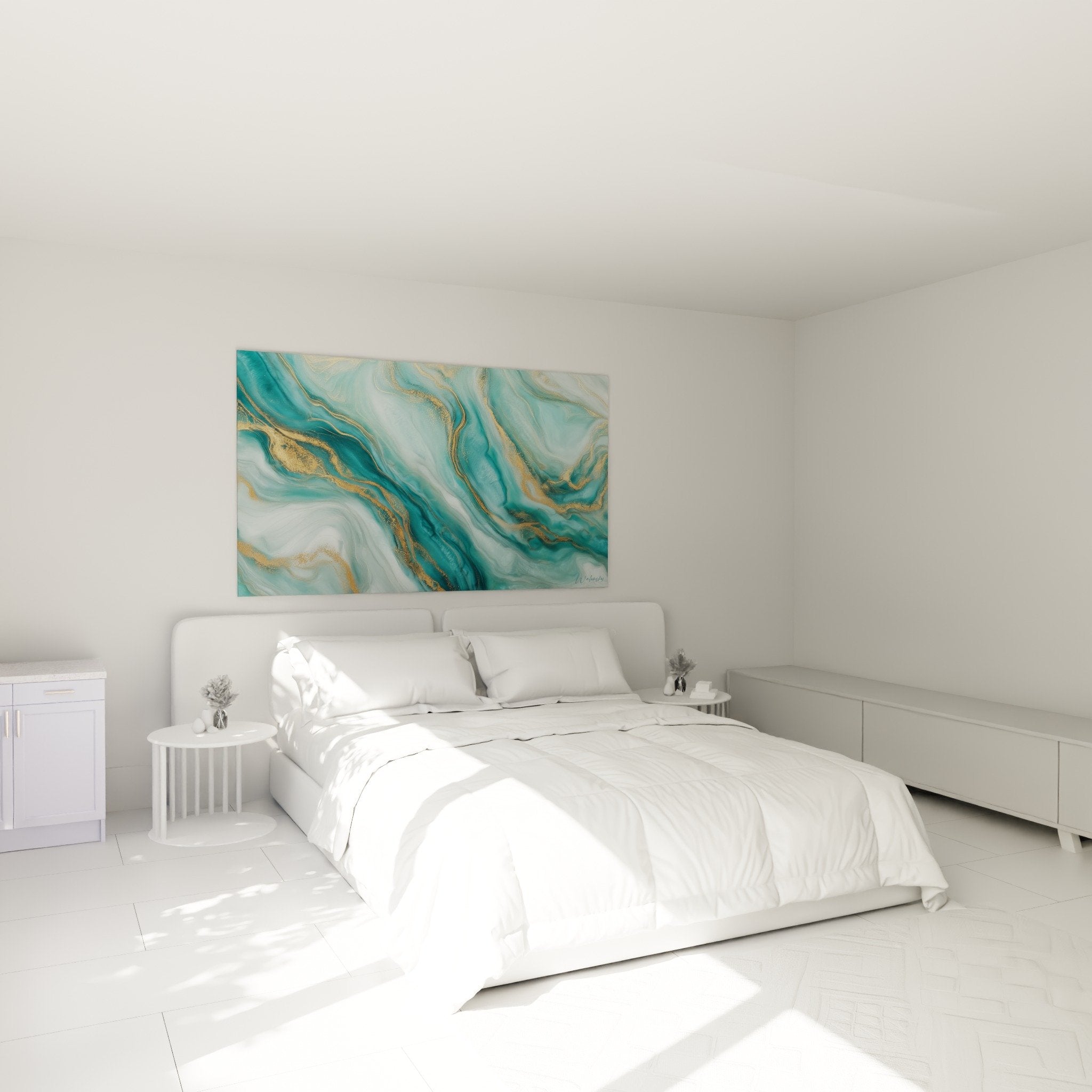 Décoration murale chambre avec œuvre abstraite turquoise et or créant une ambiance apaisante et moderne