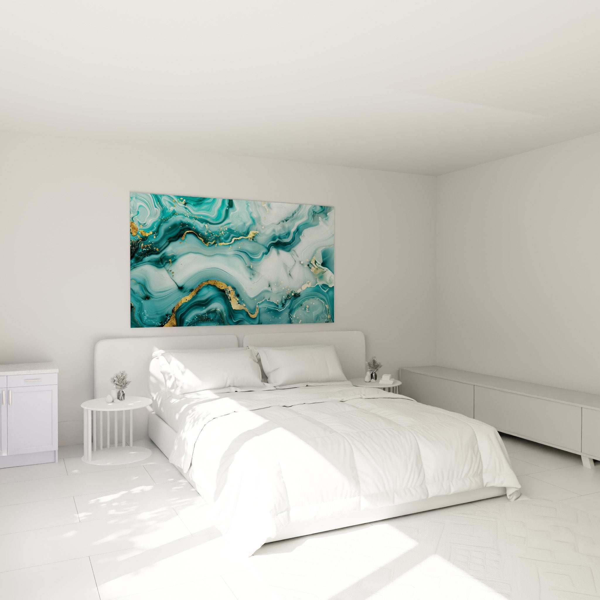 Décoration chambre moderne avec tableau abstrait marbre bleu turquoise et or au-dessus du lit
