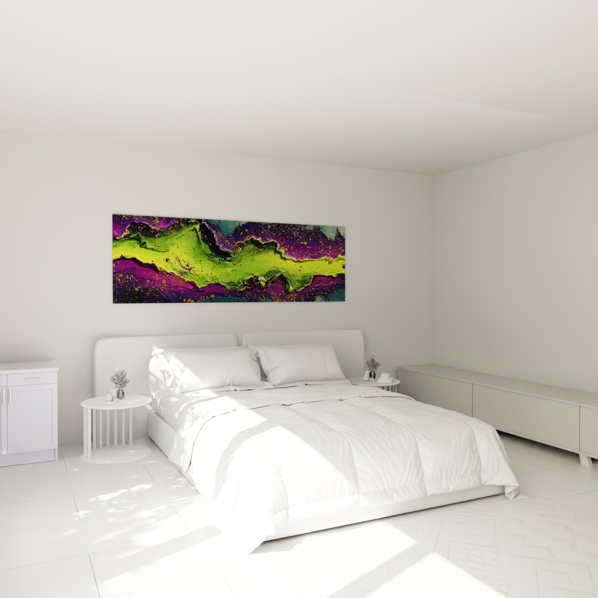 tableau mural abstrait vert violet dore dans chambre moderne decoration feng shui