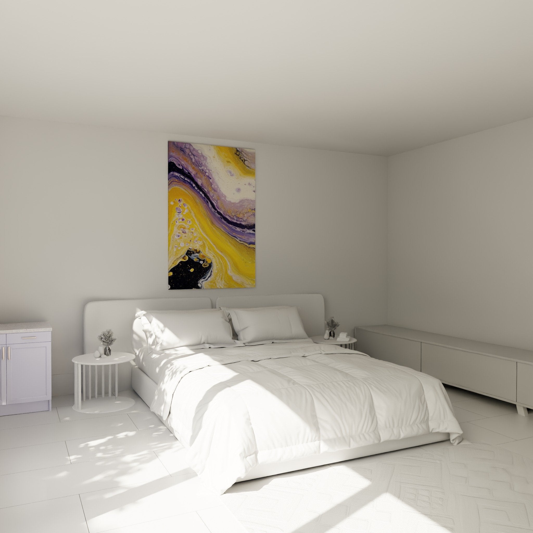 Abstract purple and gold artwork hung on bedroom wall modern harmonious feng shui decoration