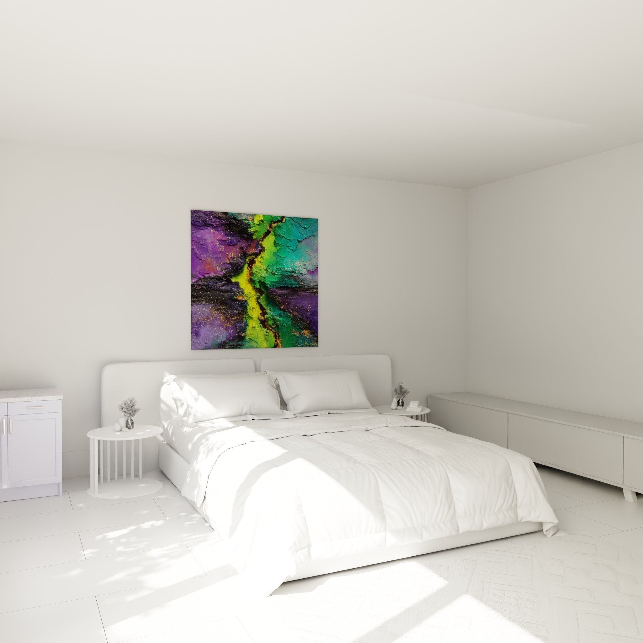 decoration murale chambre tableau abstrait violet vert ambiance moderne feng shui sud est bois