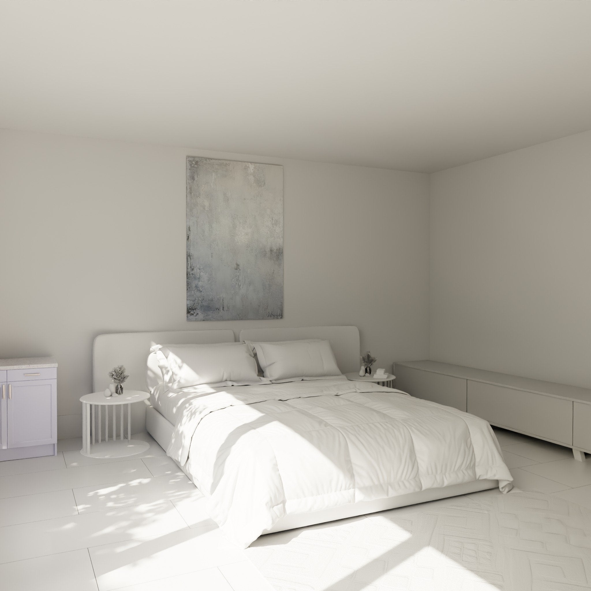 Decoration chambre avec œuvre abstraite gris blanc, ambiance zen et apaisante, style minimaliste moderne