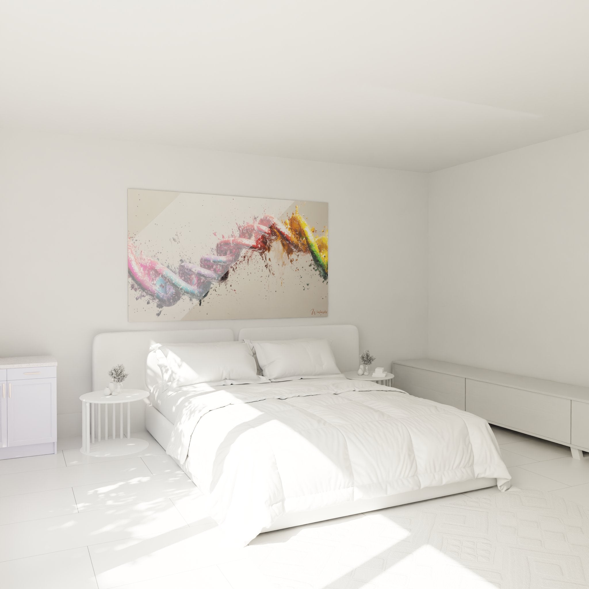 Tableau hélice ADN colorée décorant une chambre moderne avec murs blancs