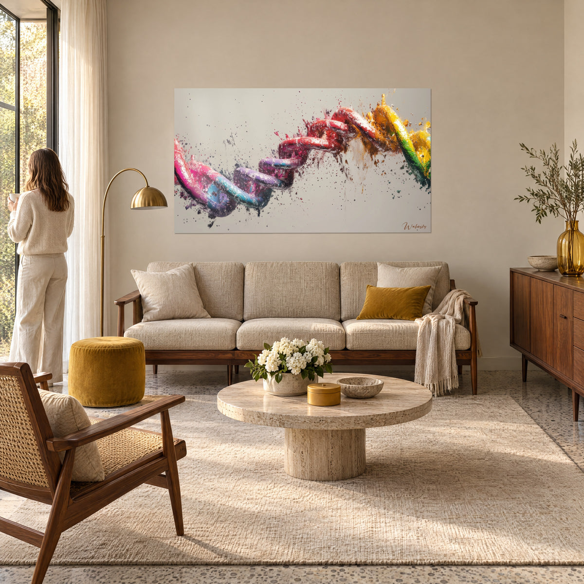 Wall art with an exploded double helix in fuchsia pink and mustard yellow, paint splatters, above a sofa in a bright living room