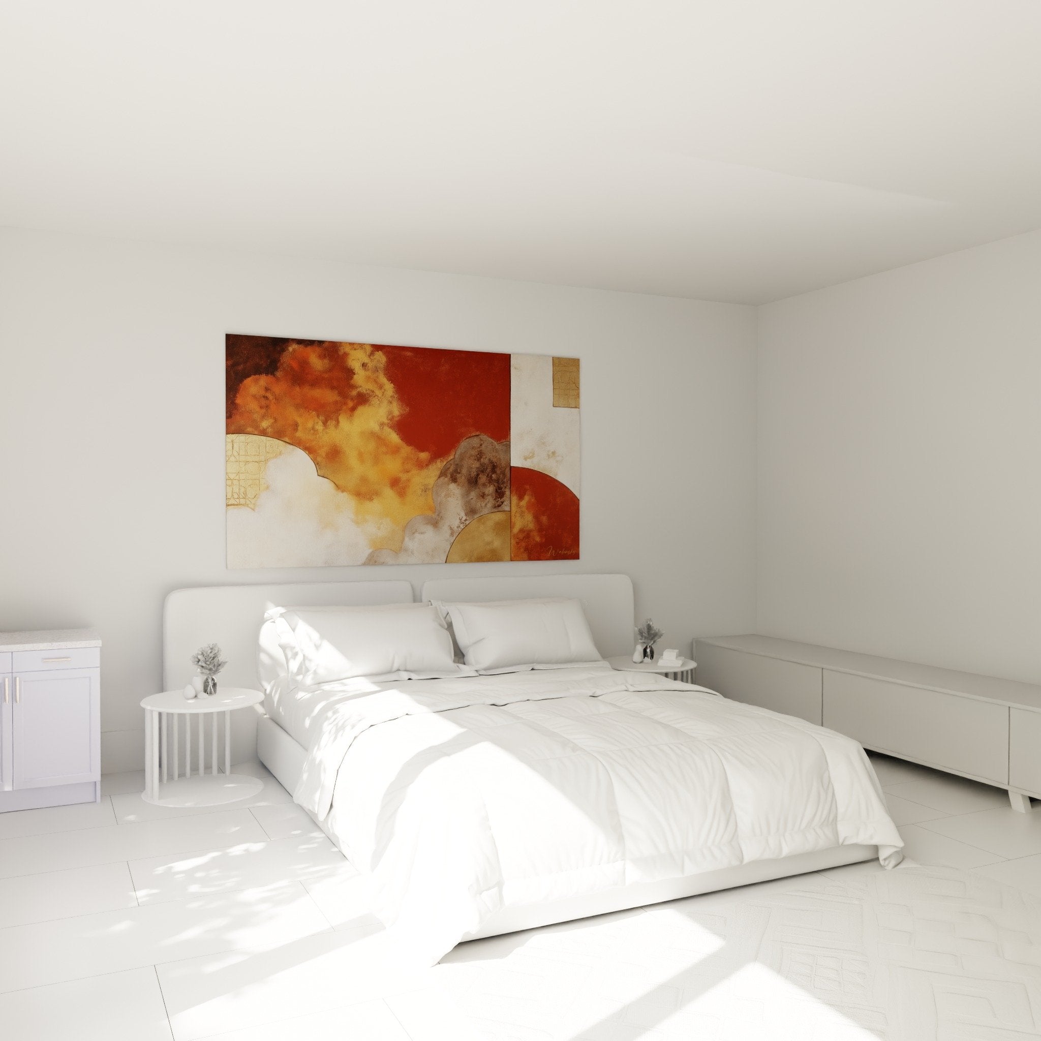 tableau africain abstrait ocre rouille dans chambre ambiance chaleureuse decoration murale