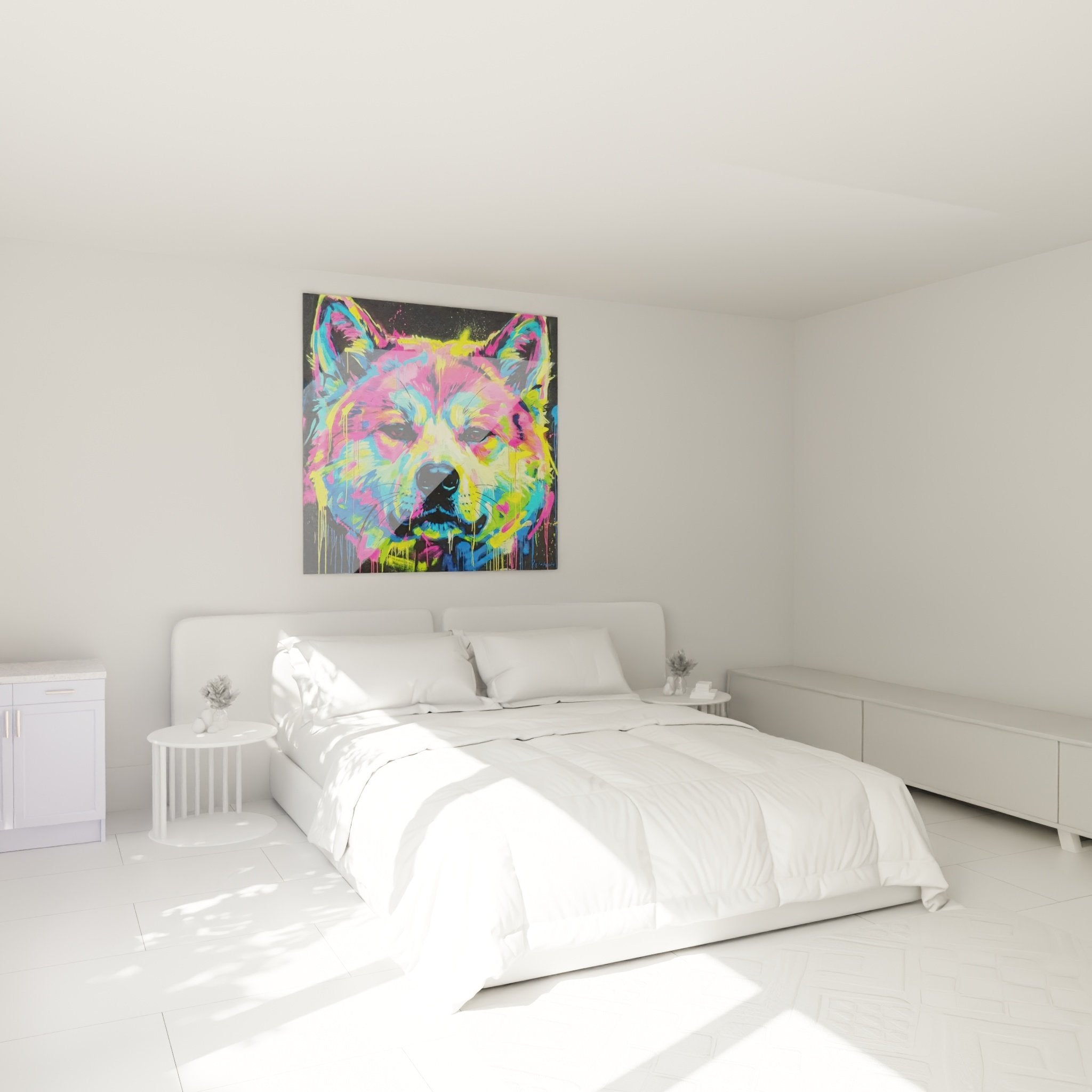 Décoration chambre moderne avec tableau Akita Inu coloré style street art aux teintes vives