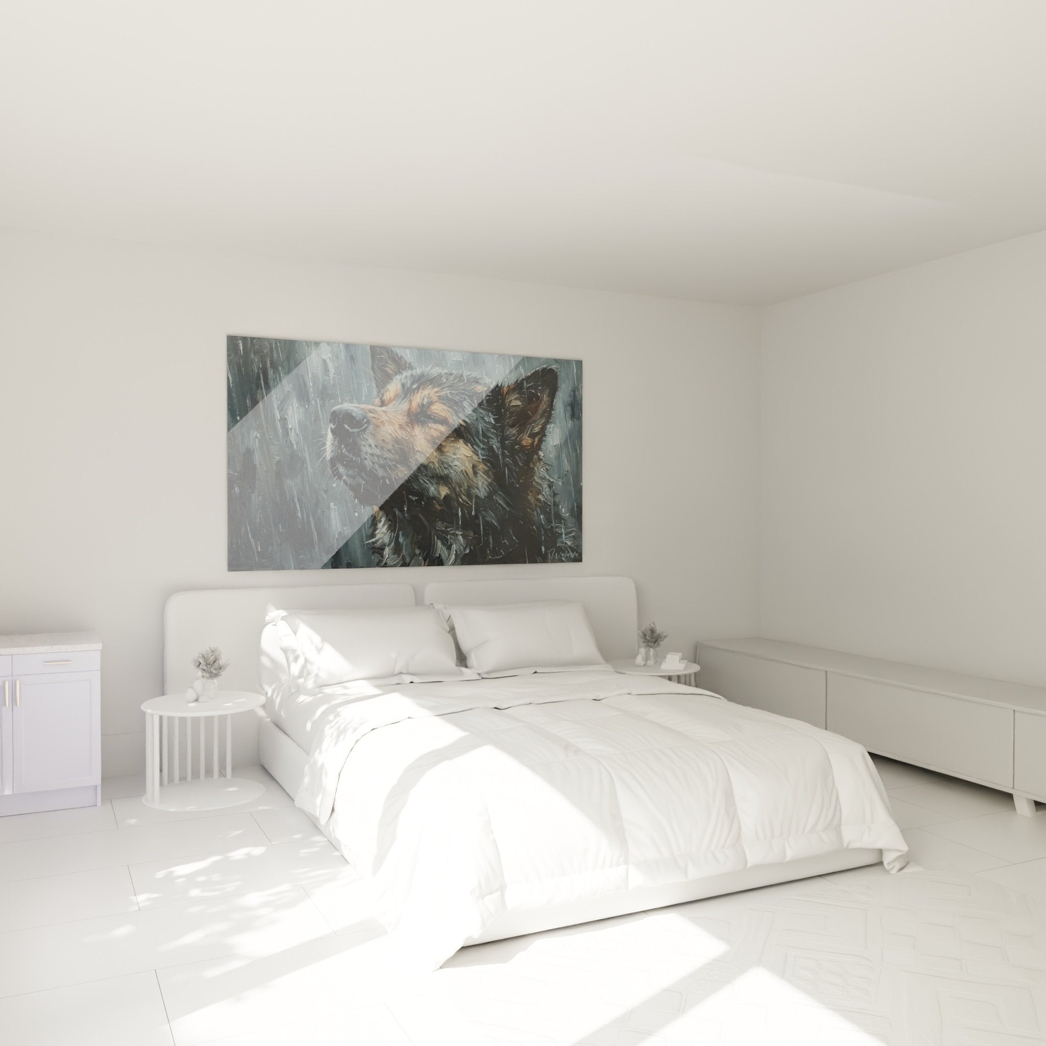 Tableau Akita Inu sous l'averse décorant une chambre moderne aux murs clairs