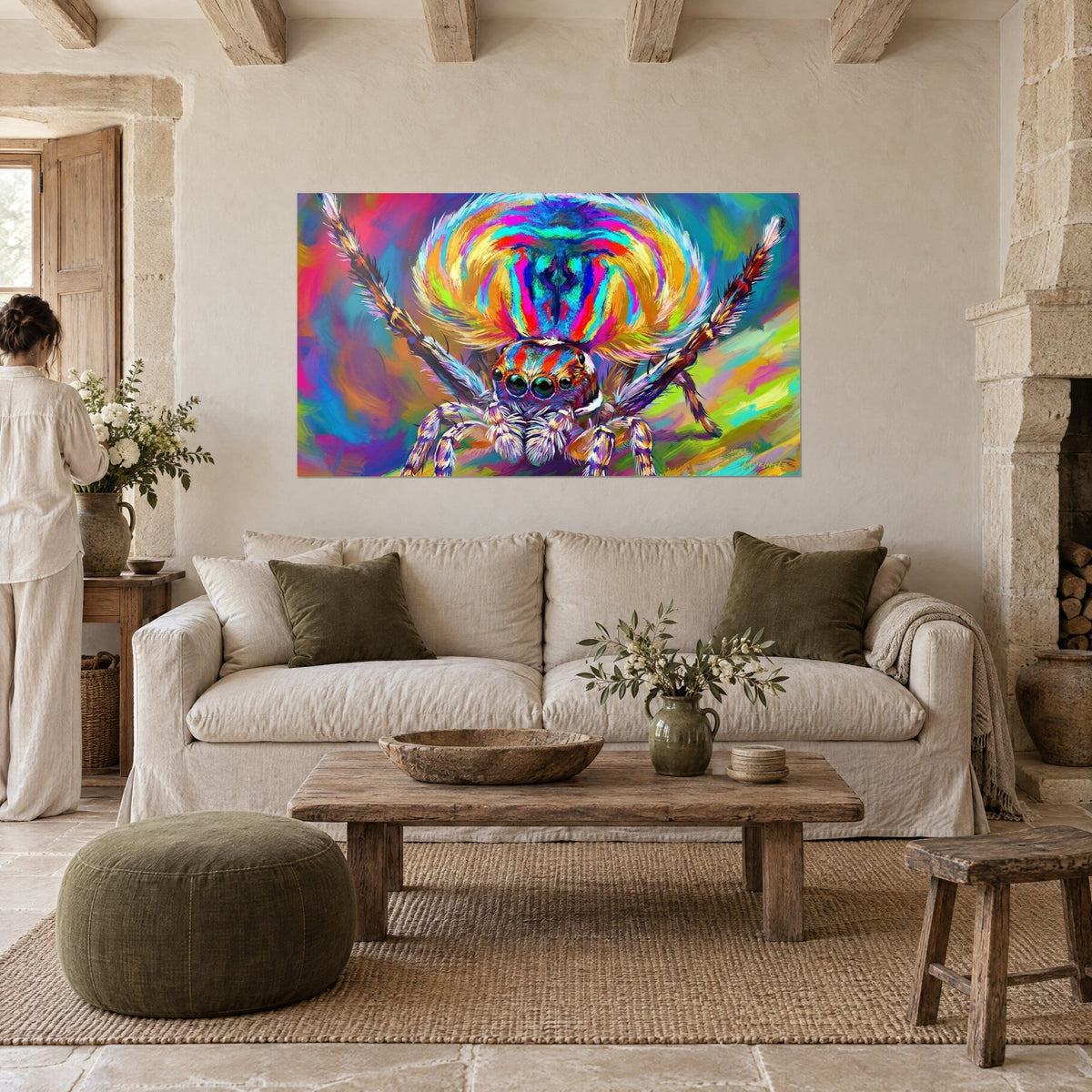 Wall art of a jumping spider with a rainbow fan, vivid blue and orange, legs raised, above a sofa in a bright living room