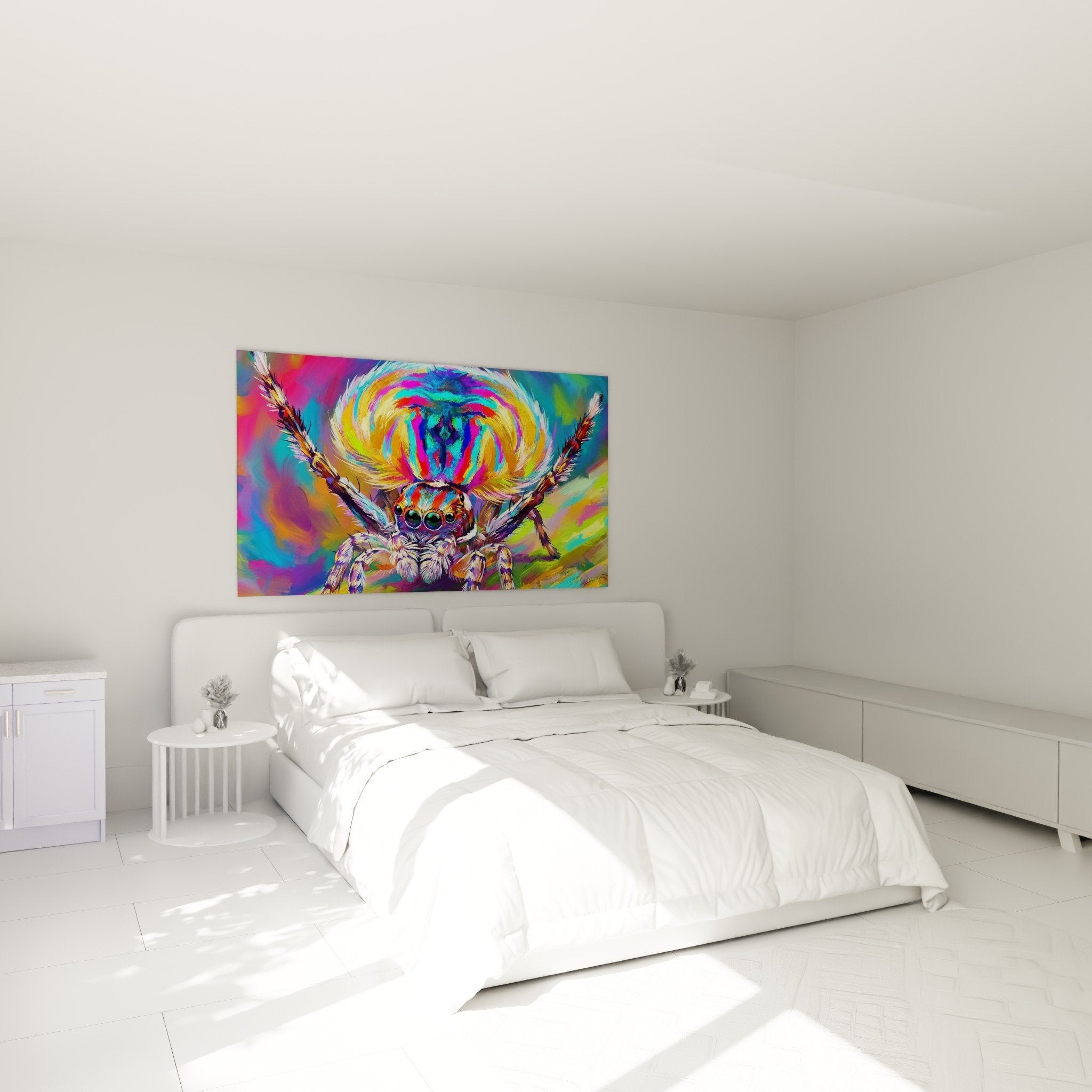 Schlafzimmer Dekoration Spinnen Kunstdruck bunte Wandkunst weiße Wand modernes Ambiente psychedelische Kunst mehrfarbig Original
