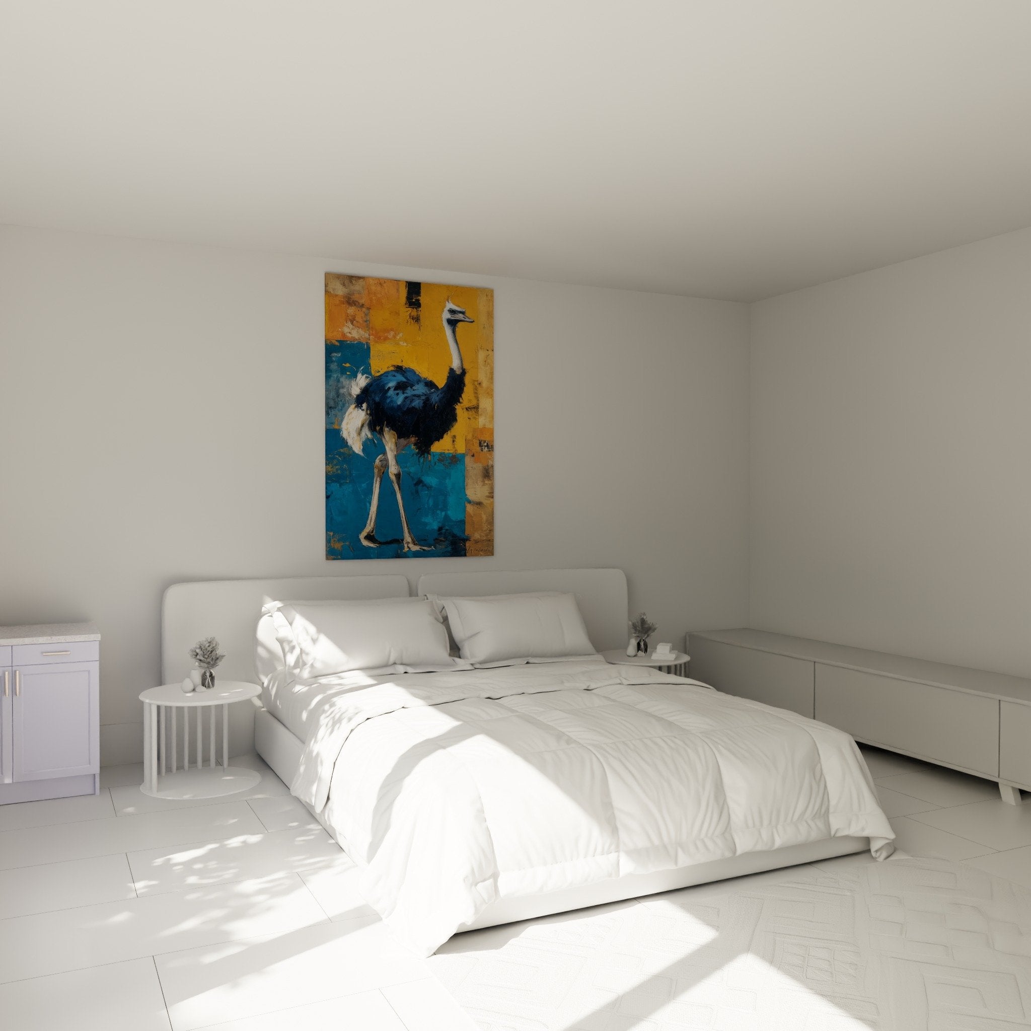 Décoration chambre avec tableau autruche bleue contemporaine, ambiance artistique moderne et colorée