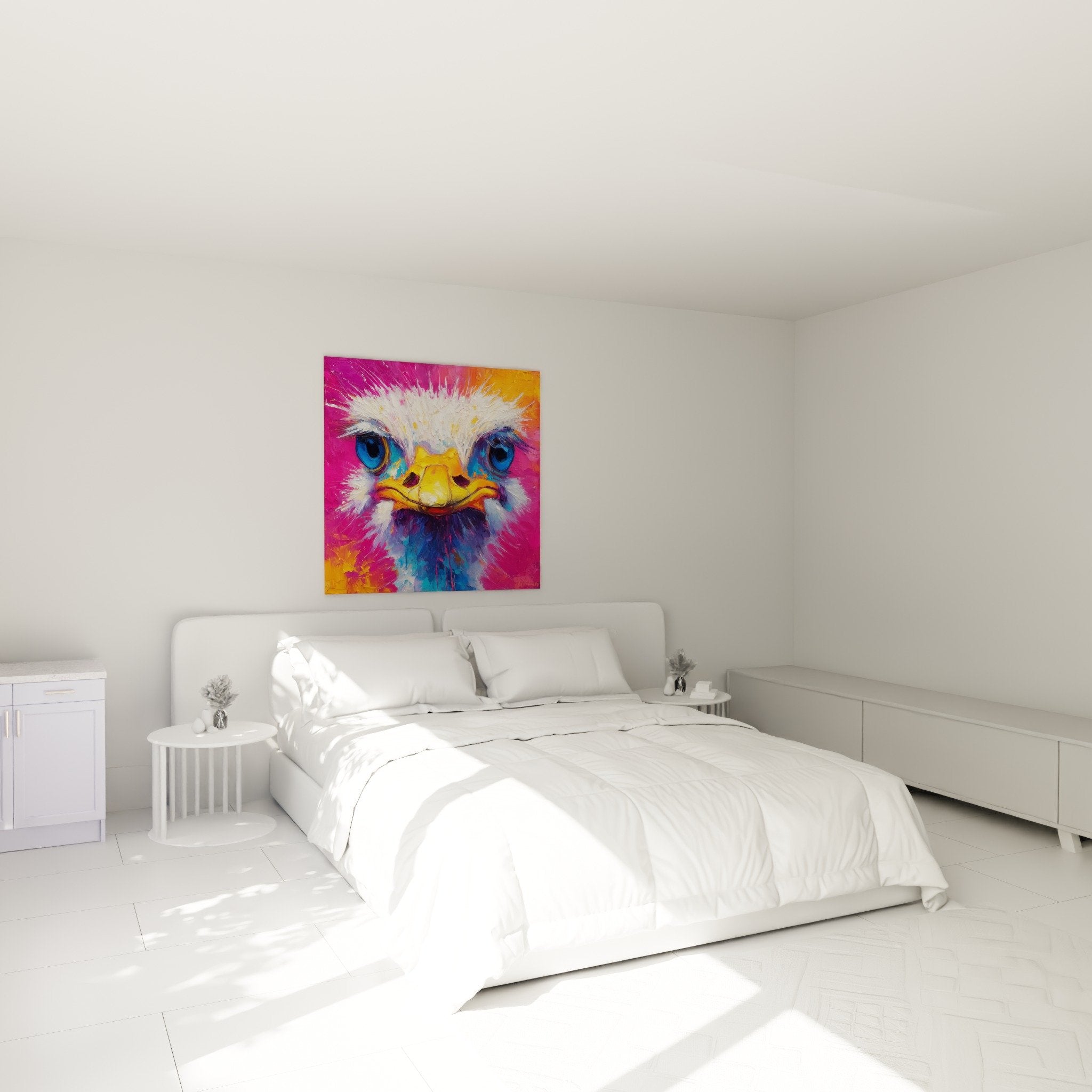 Décoration chambre avec tableau autruche coloré aux tons rose orange - ambiance artistique moderne