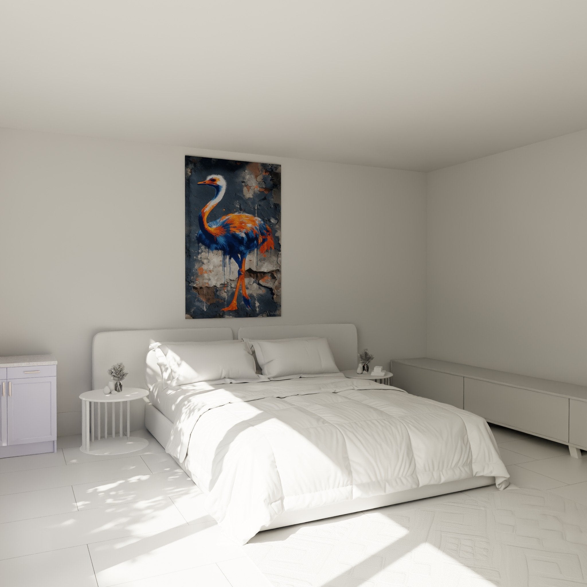 Tableau autruche colorée bleu orange déco chambre moderne mur blanc ambiance artistique contemporaine