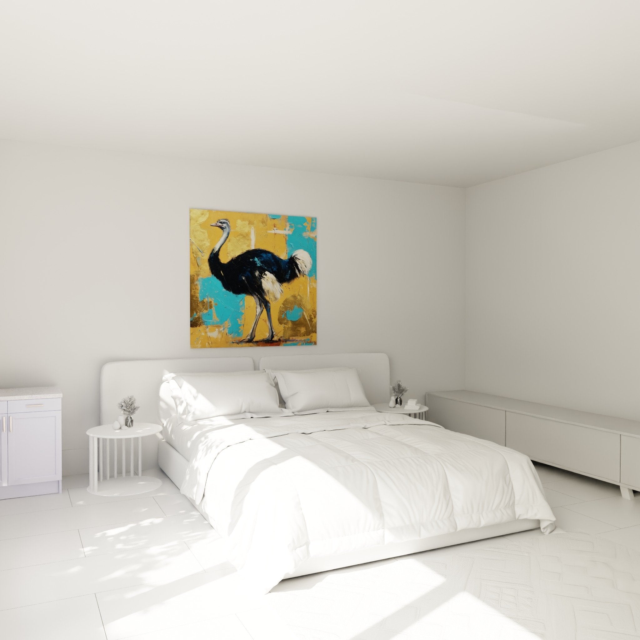 Bedroom decoration with modern ostrich painting in gold and turquoise tones elegant atmosphere
