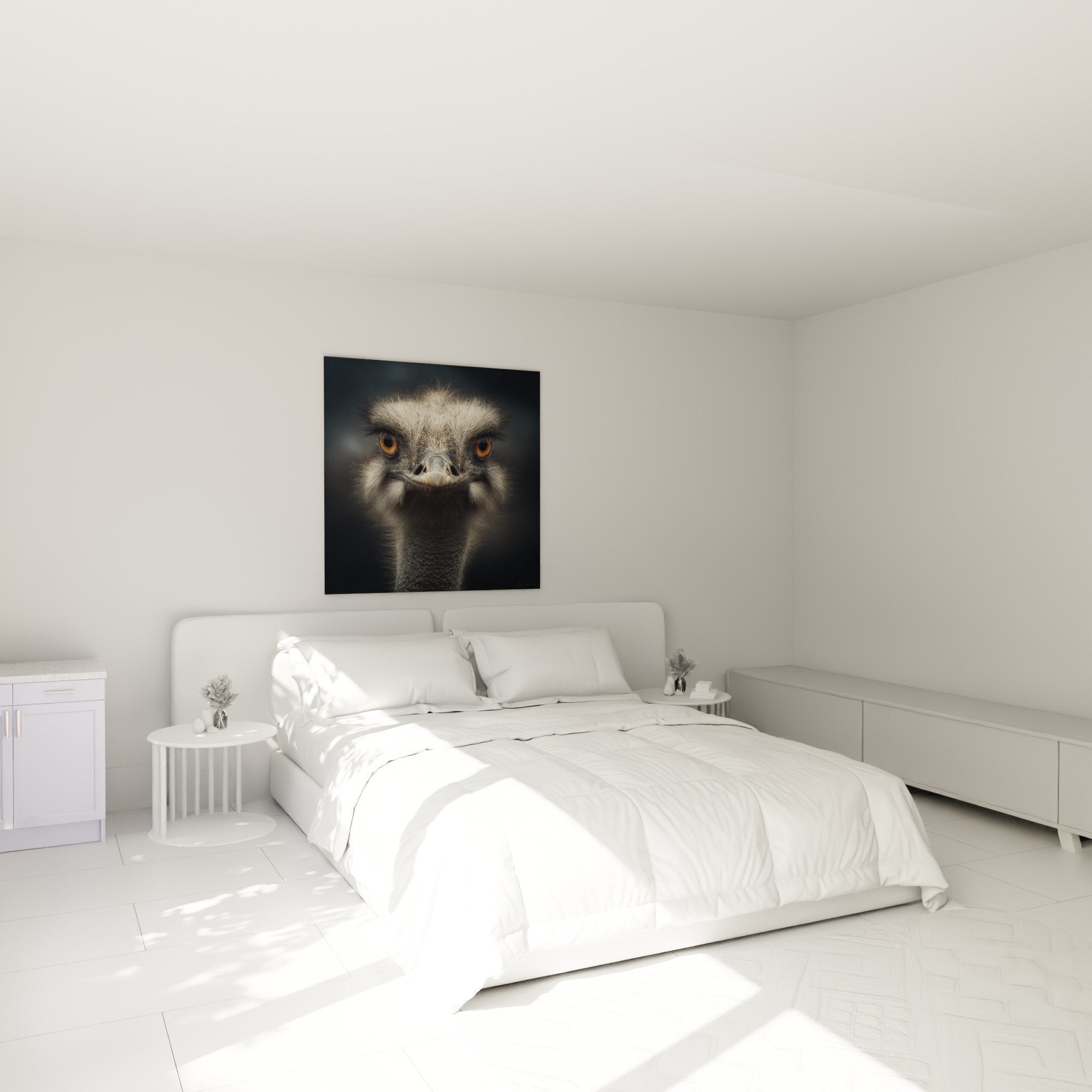 Decoration chambre avec tableau autruche aux yeux ambre plumage gris ambiance nature sophisticated moderne