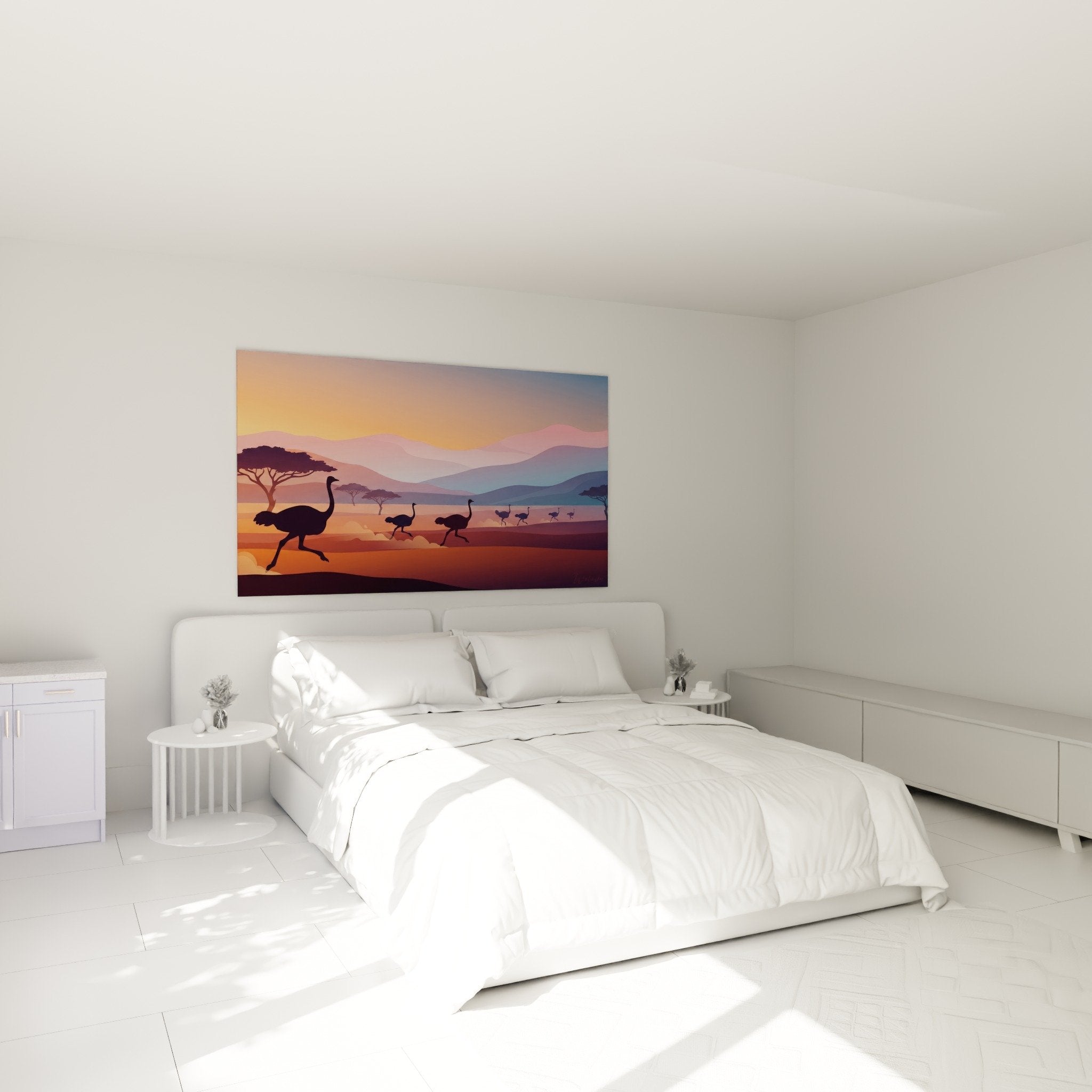 Decoration chambre tableau autruches course savane coucher soleil tons chauds orange ocre ambiance africaine